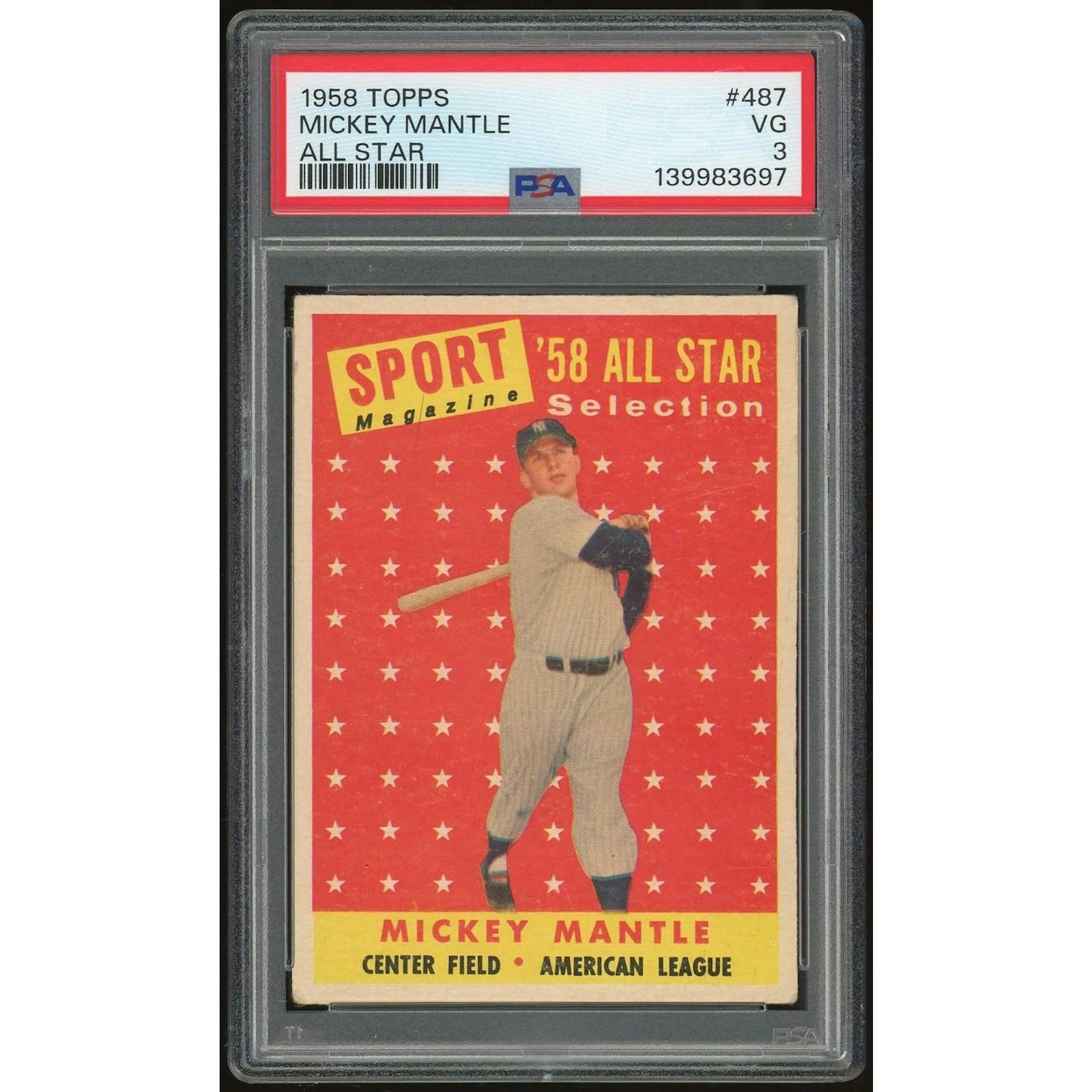 Mickey Mantle 1958 Topps #487 All-Star Card | PSA 3