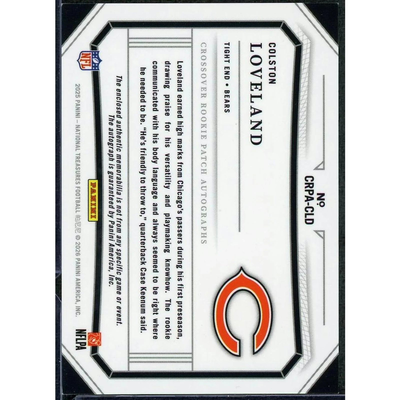 Colston Loveland 2025 Panini National Treasures RPA | Rookie Patch Auto/99
