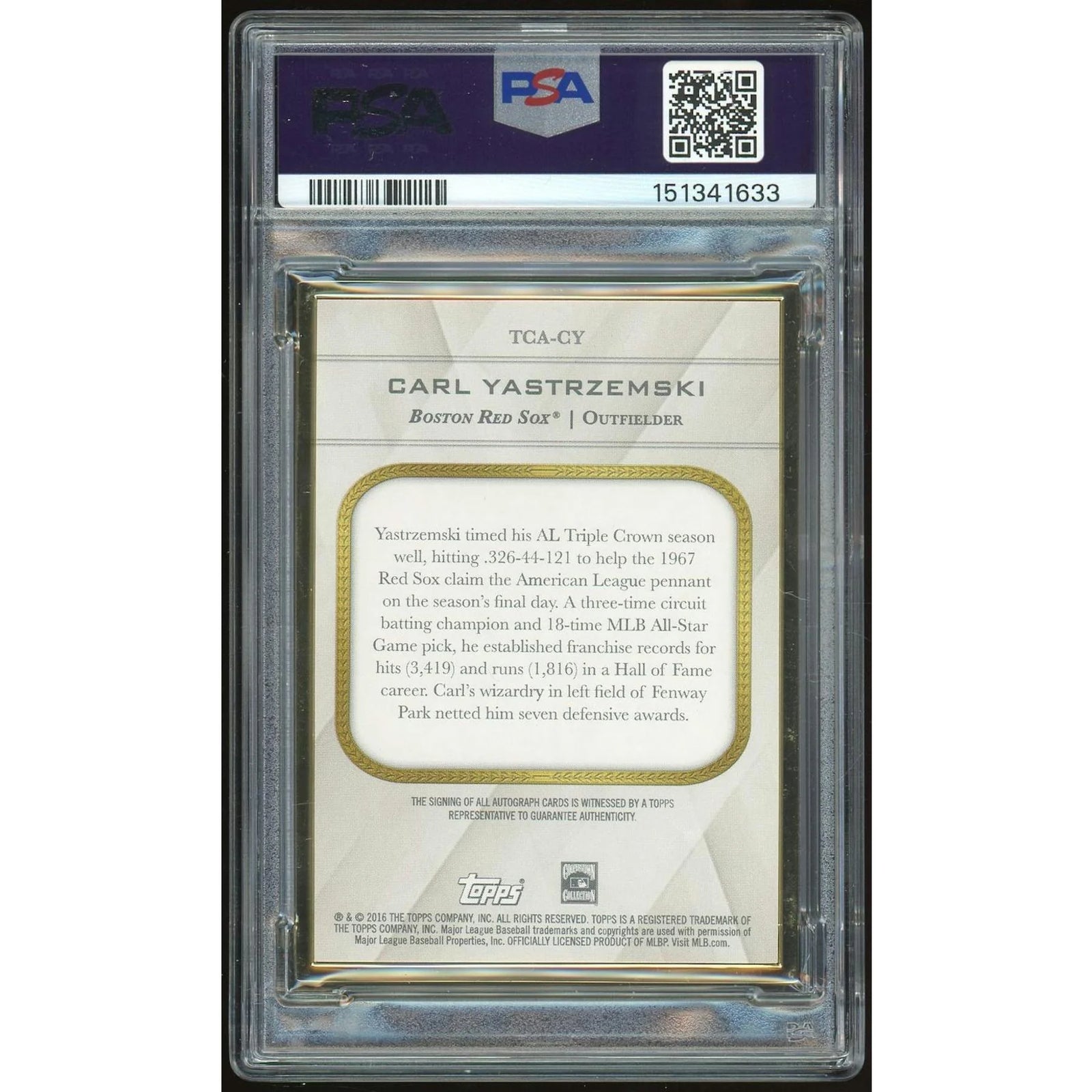 Carl Yastrzemski Signed 2016 Topps Transcendent Card | PSA 9 Auto 10
