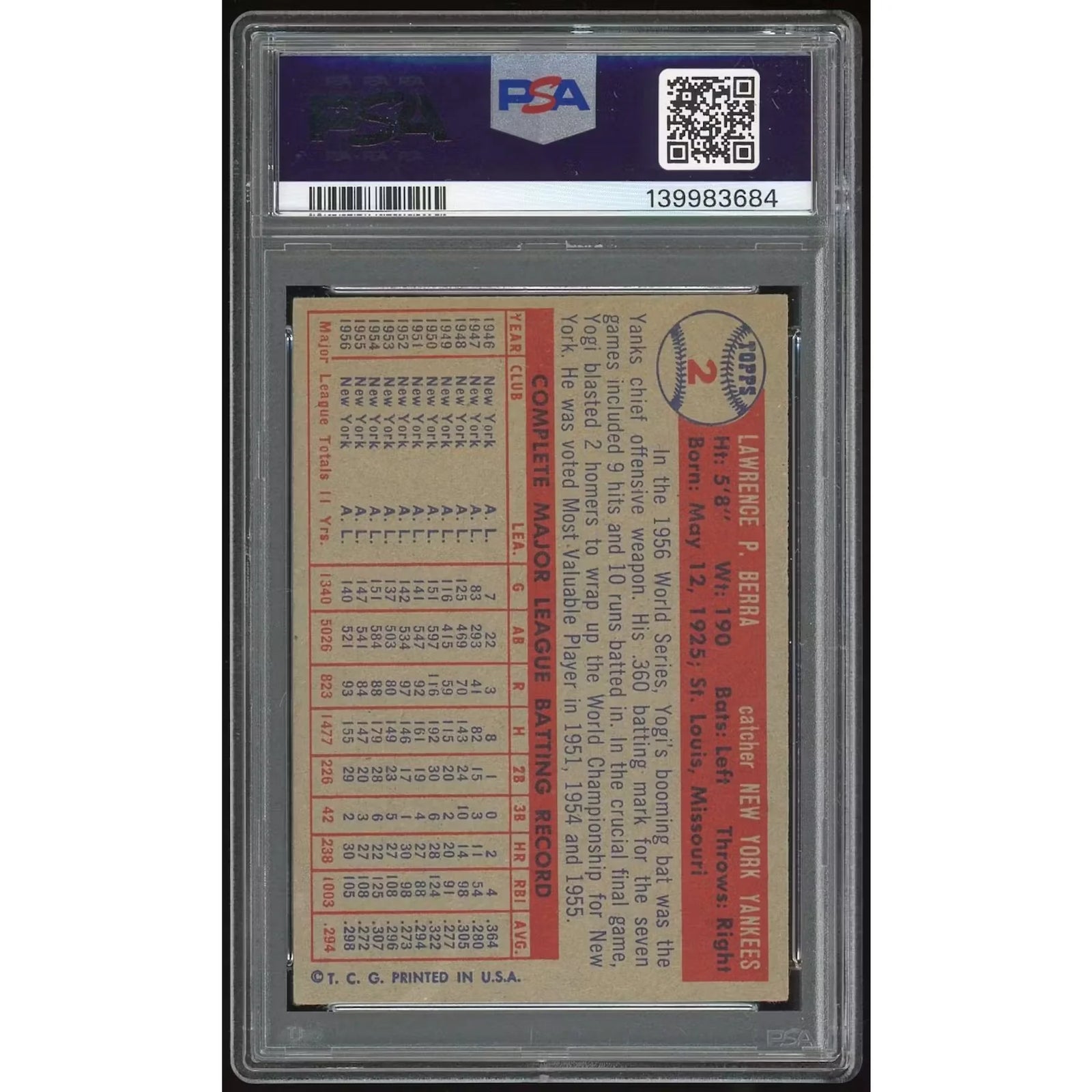 Yogi Berra 1957 Topps #2 Baseball Card | PSA 5