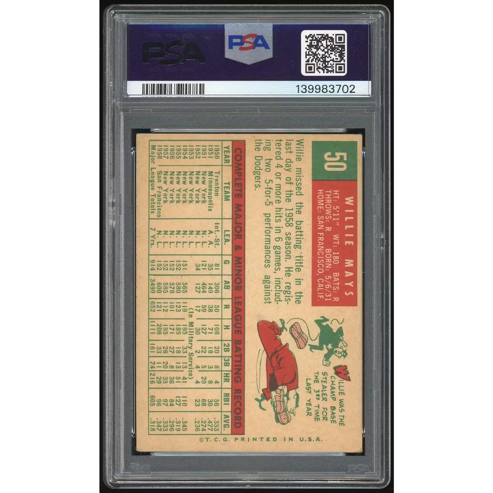Willie Mays 1959 Topps #50 Baseball Card | PSA 3