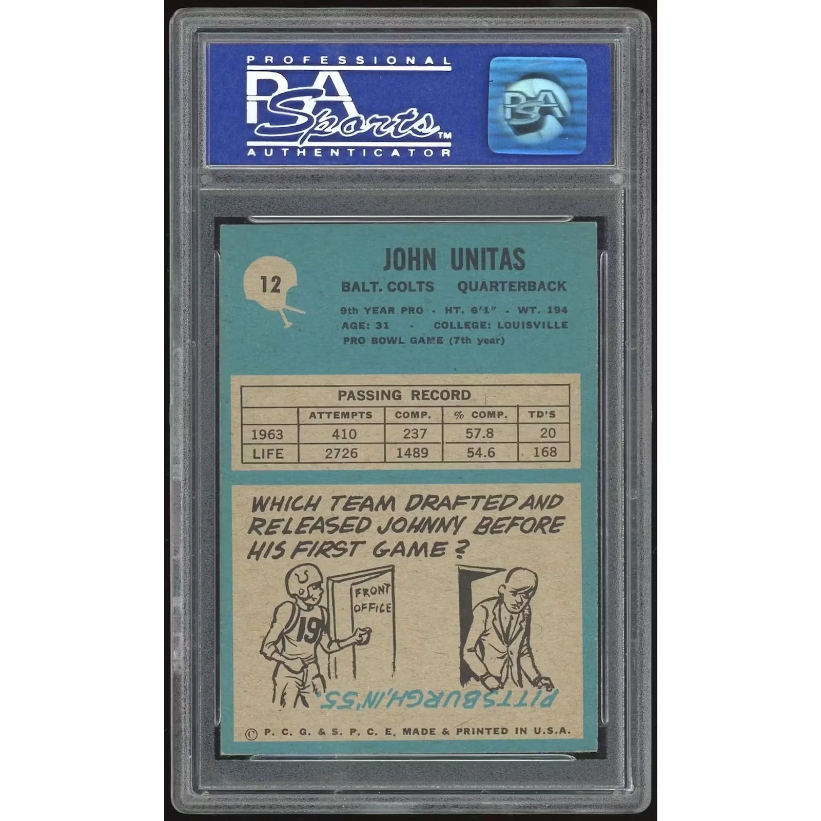 Johnny Unitas 1964 Philadelphia #12 Card | PSA 8