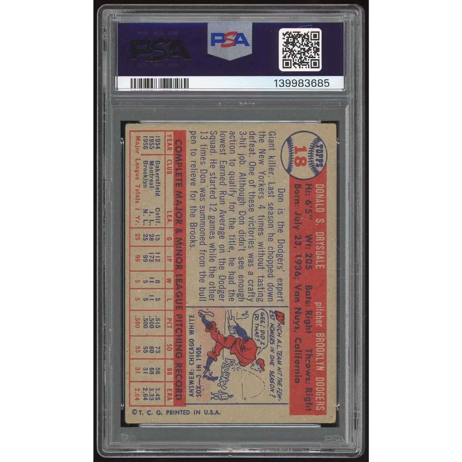 Don Drysdale 1957 Topps #18 Rookie Card | PSA 4