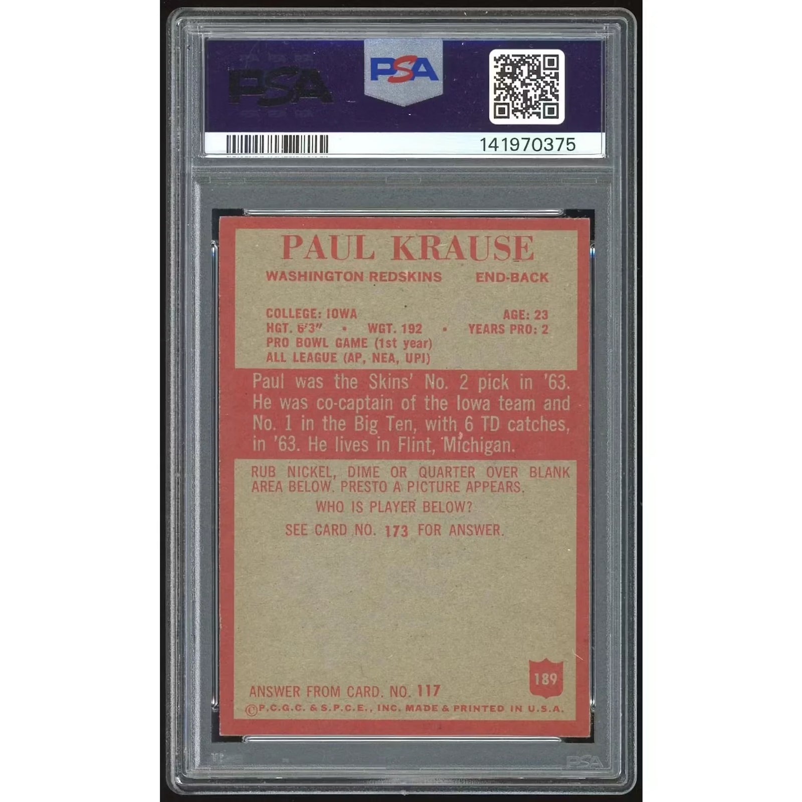 Paul Krause 1965 Philadelphia #189 Rookie Card | PSA 7