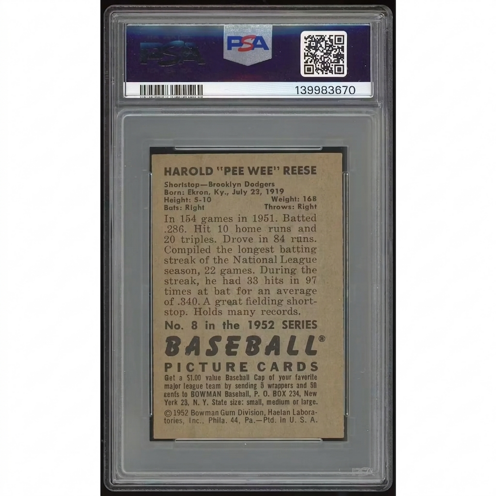 Pee Wee Reese 1952 Bowman #8 Baseball Card | PSA 4