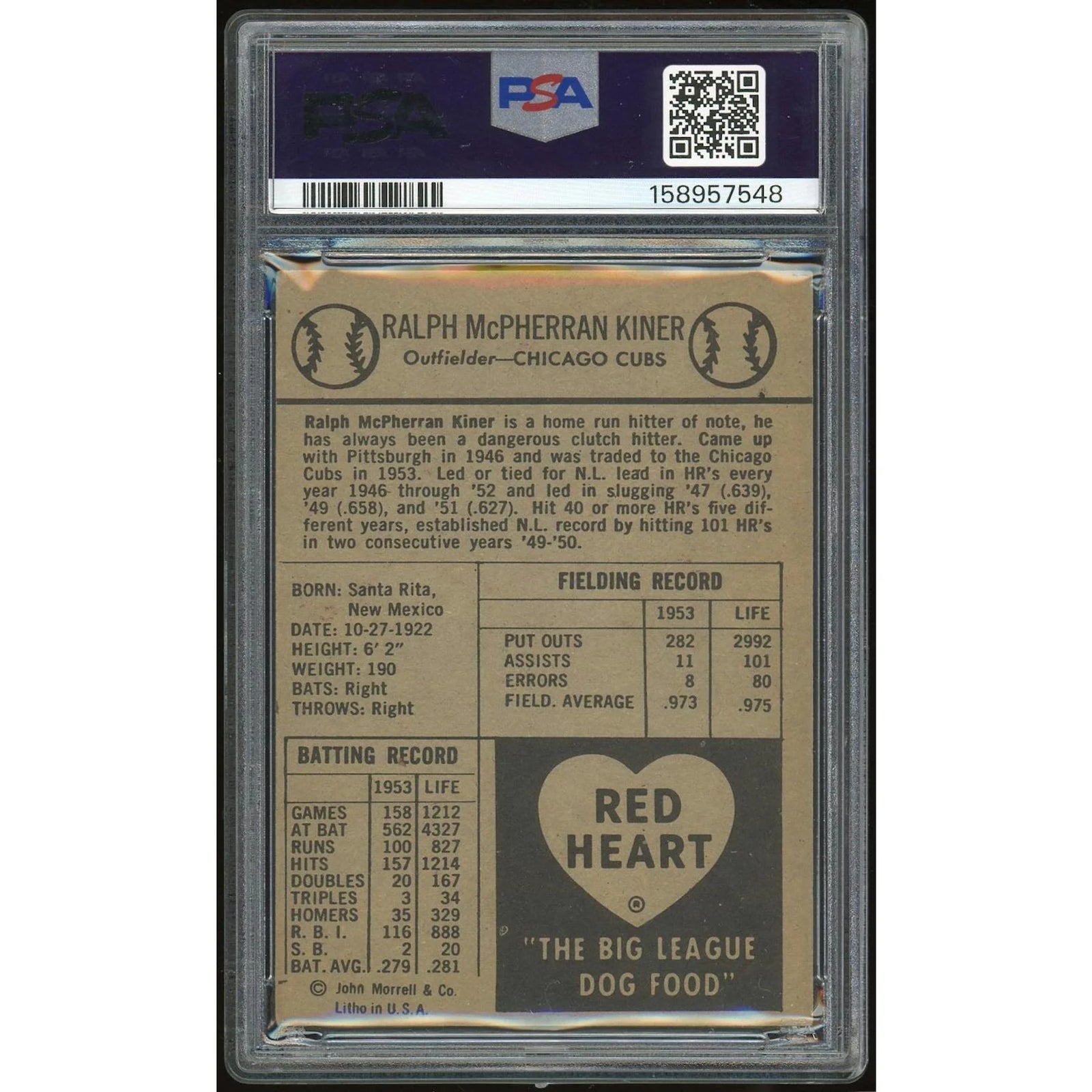 Ralph Kiner 1954 Red Heart Card | PSA 3