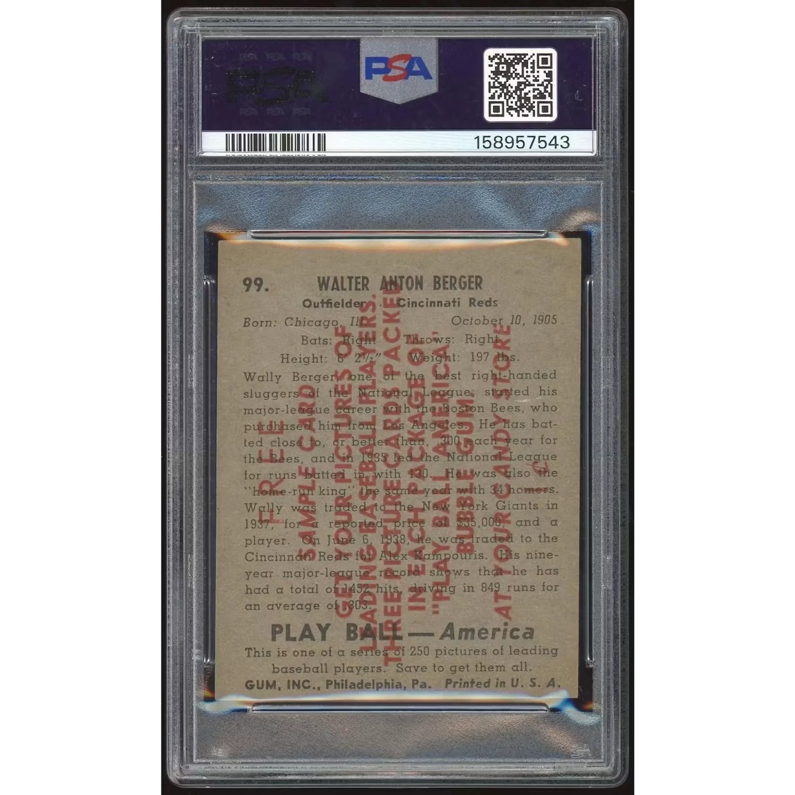 1939 Play Ball #99 Wally Berger | PSA 5 Sample