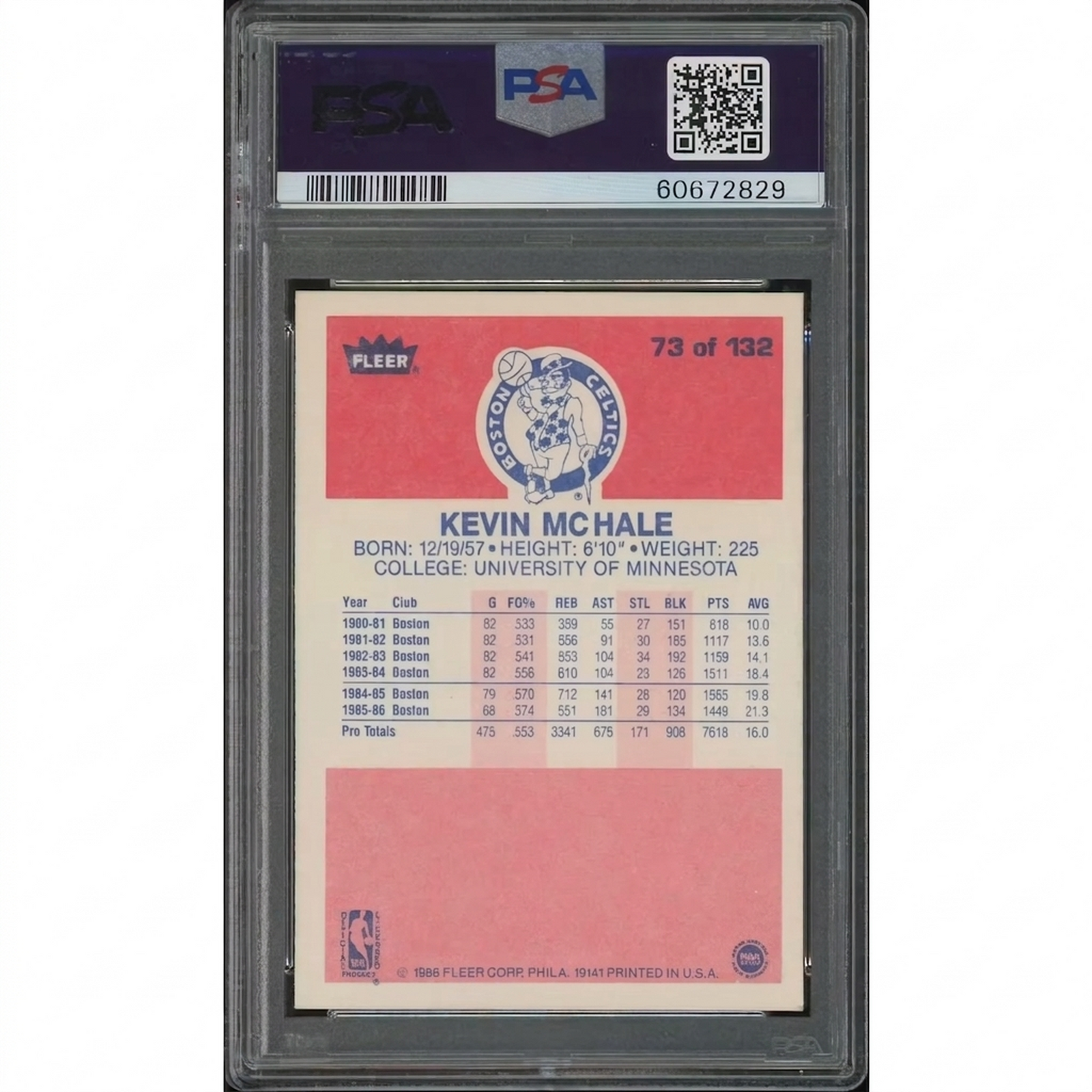 Kevin McHale 1986-87 Fleer Basketball Card #73 | PSA 8 NM-MT