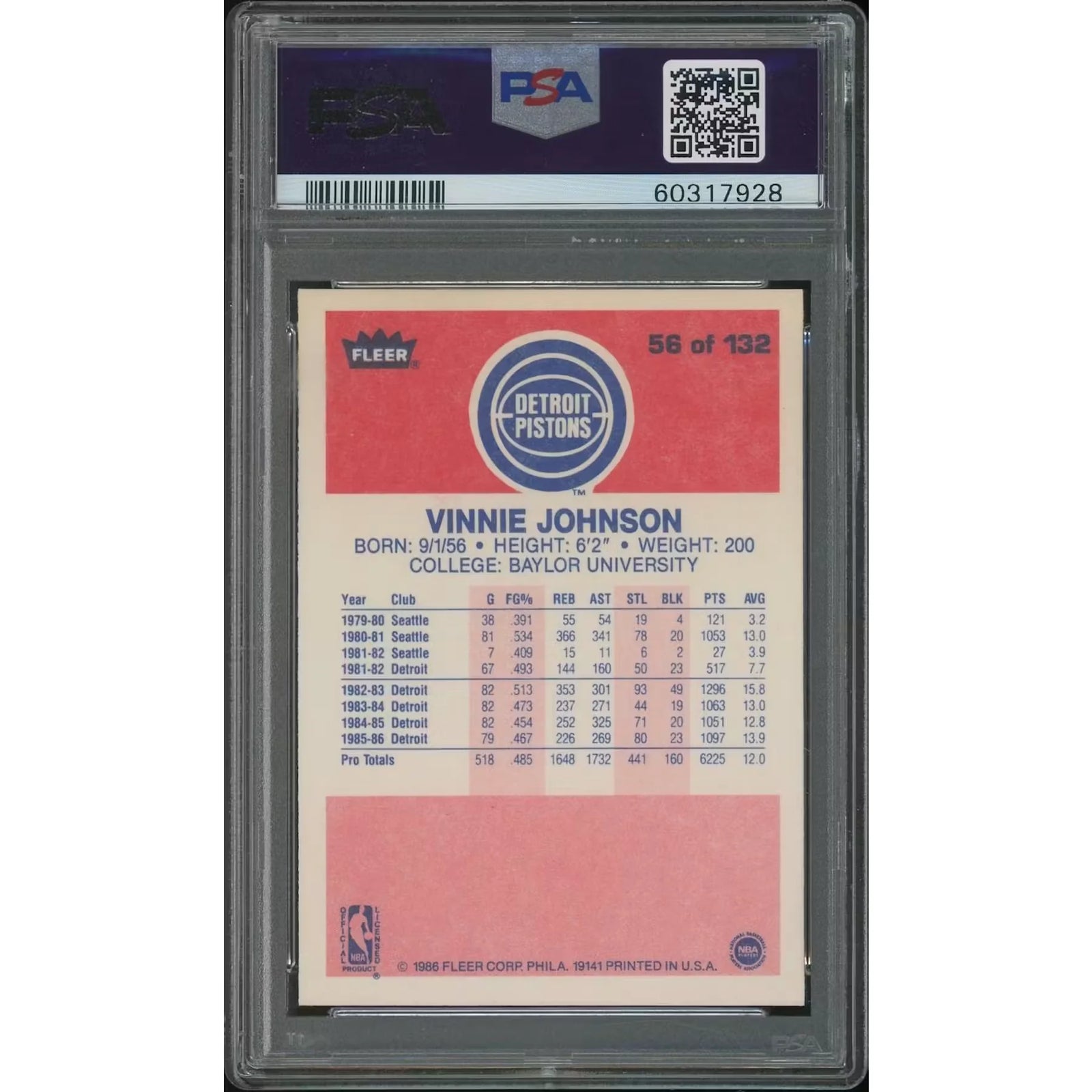 Vinnie Johnson 1986-87 Fleer Basketball #56 | PSA 8 NM-MT