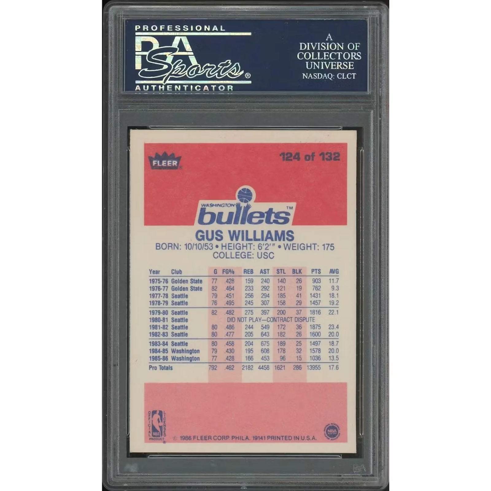 Gus Williams 1986-87 Fleer Basketball Card #124 | PSA 8 NM-MT