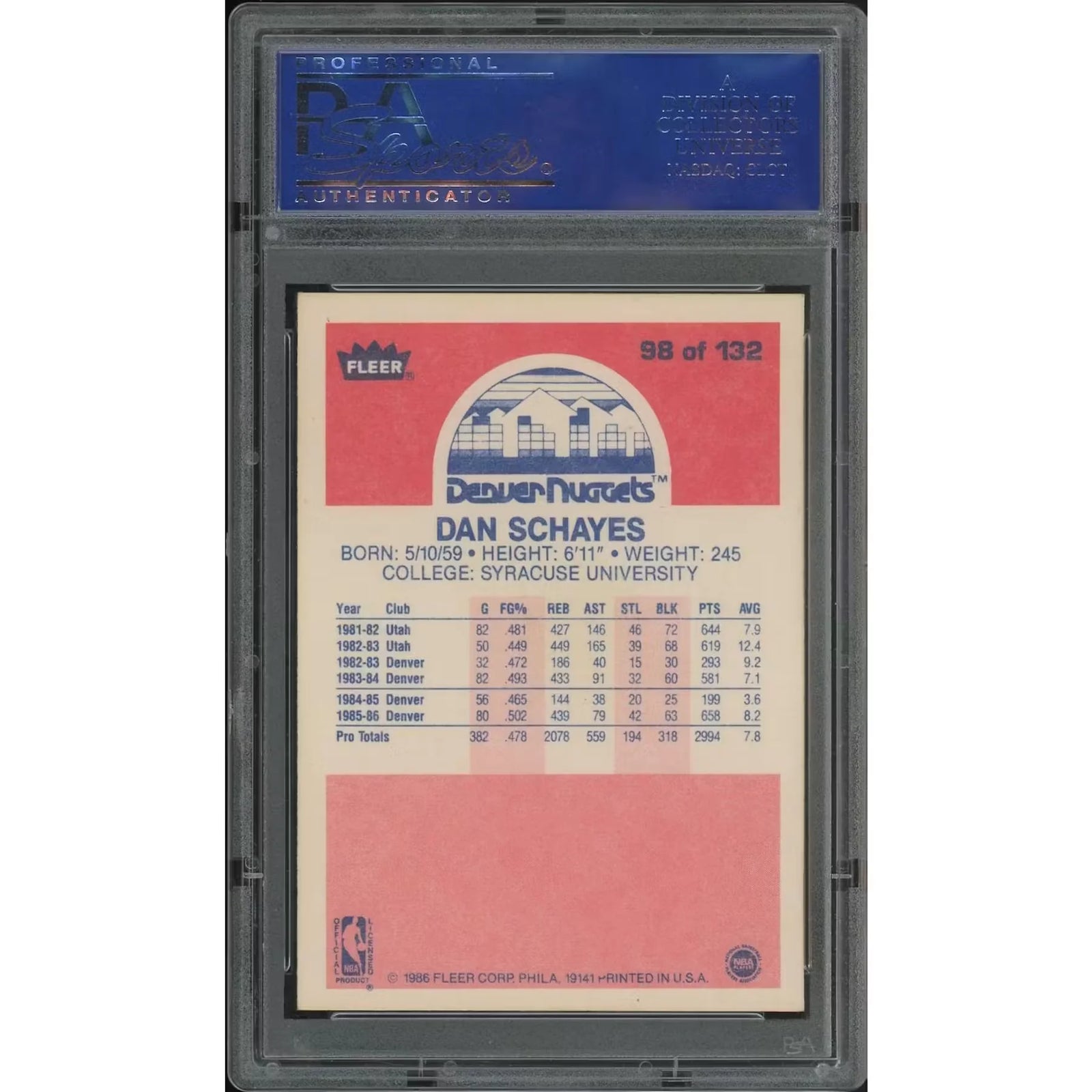 Danny Schayes 1986-87 Fleer Basketball Rookie Card #98 | PSA 8 NM-MT