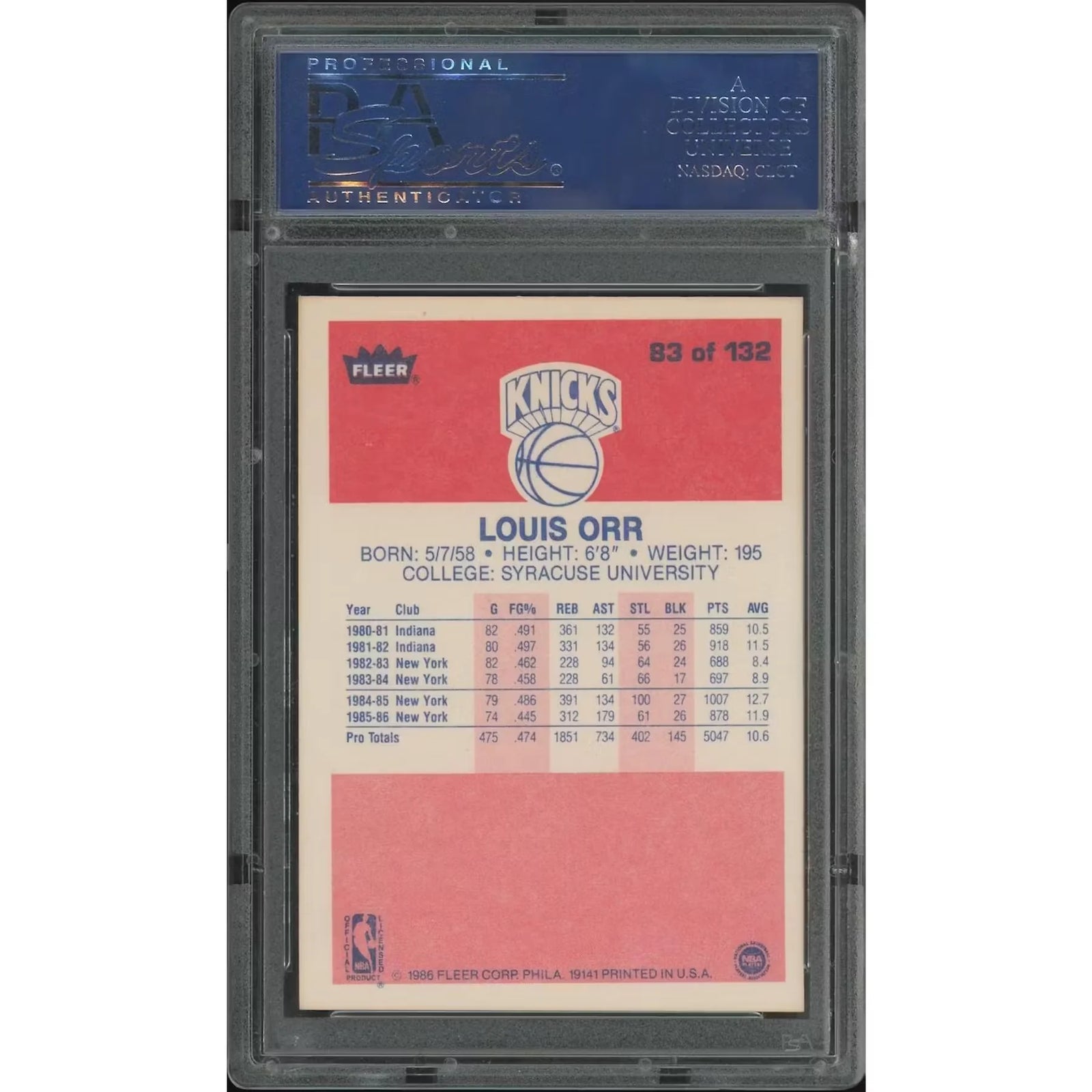 Louis Orr 1986-87 Fleer Basketball Card #83 | PSA 8 NM-MT