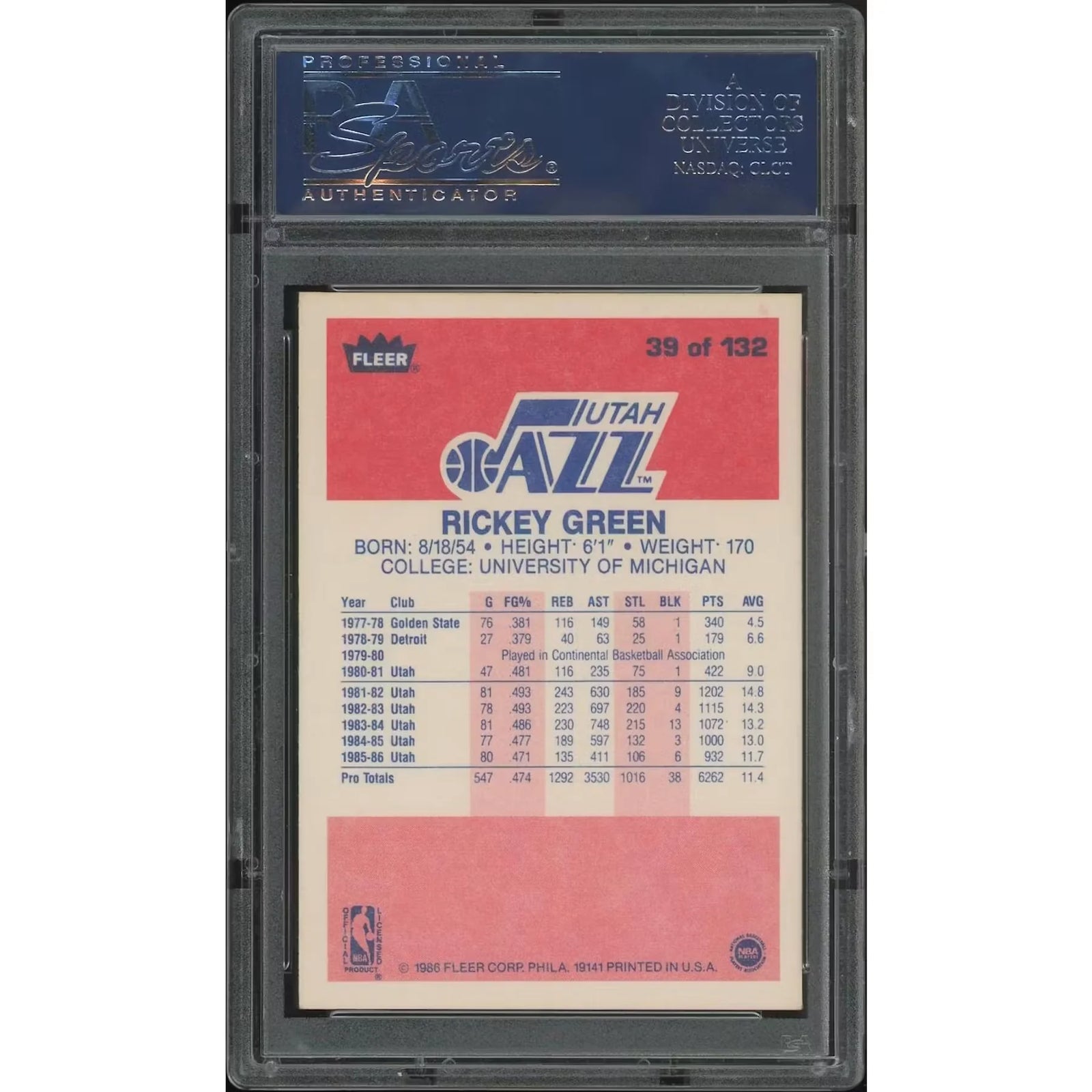Rickey Green 1986-87 Fleer Basketball Card #39 | PSA 8 NM-MT