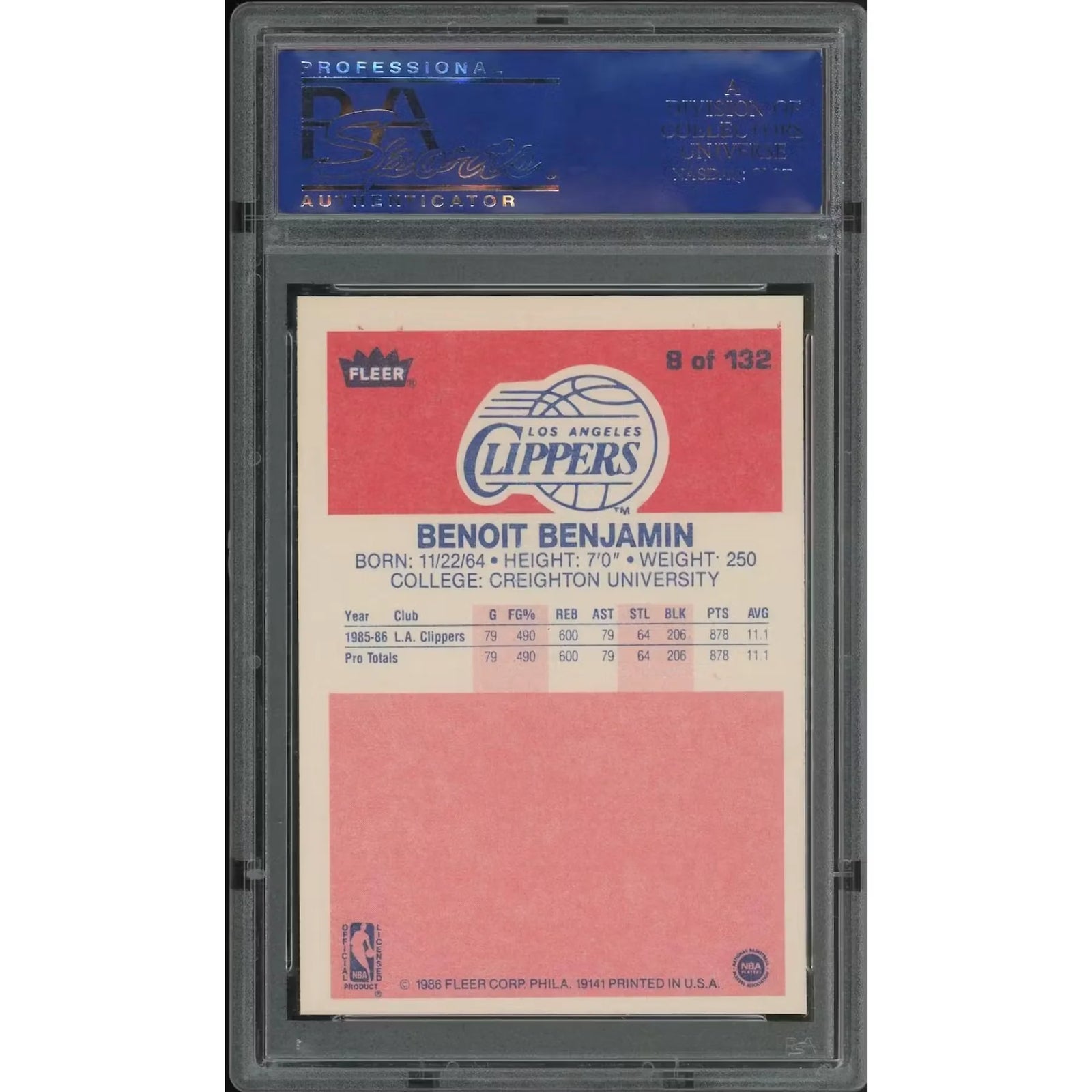 Benoit Benjamin 1986-87 Fleer Basketball Rookie Card #8 | PSA 8 NM-MT