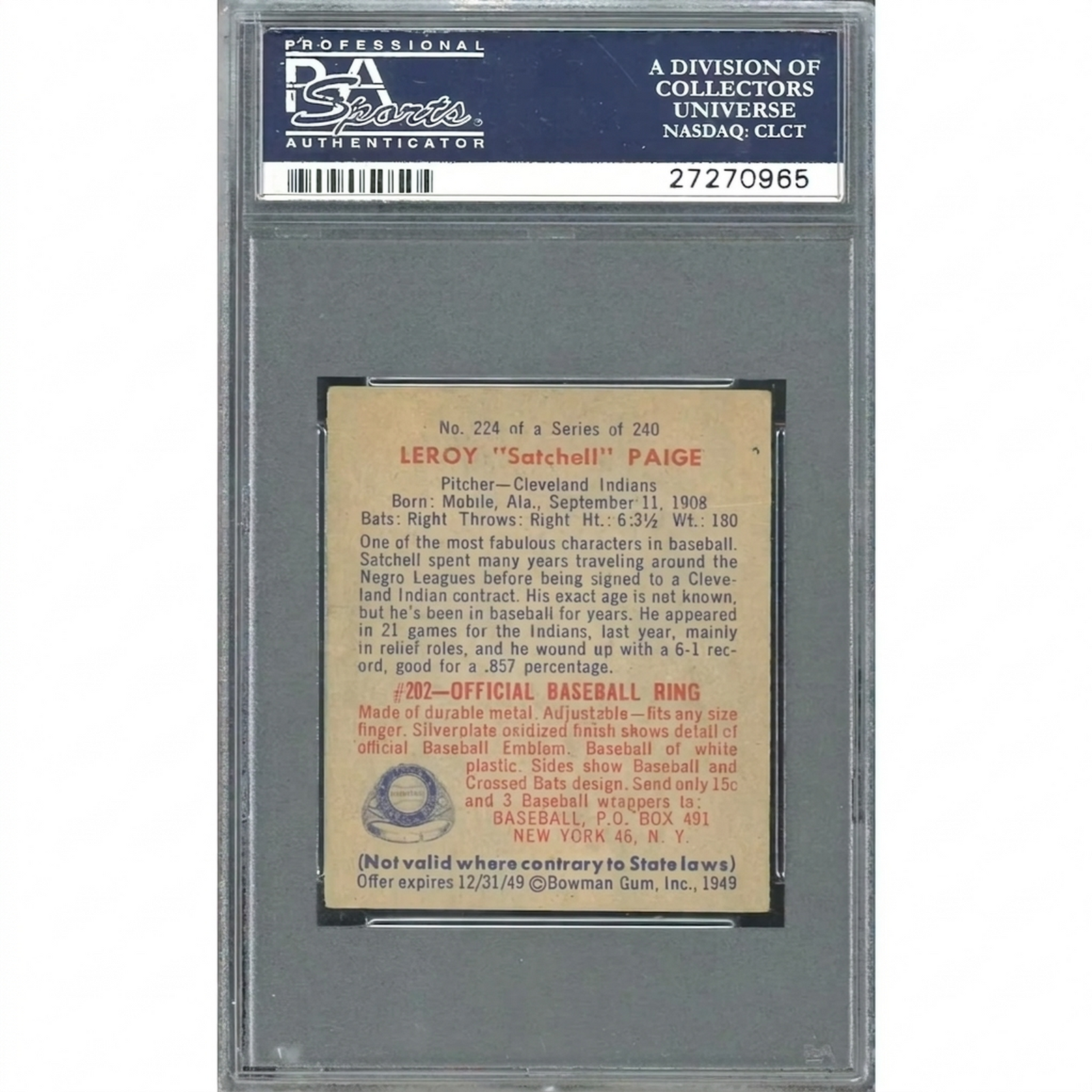 Satchel Paige 1949 Bowman #224 Baseball Card | PSA 5.5