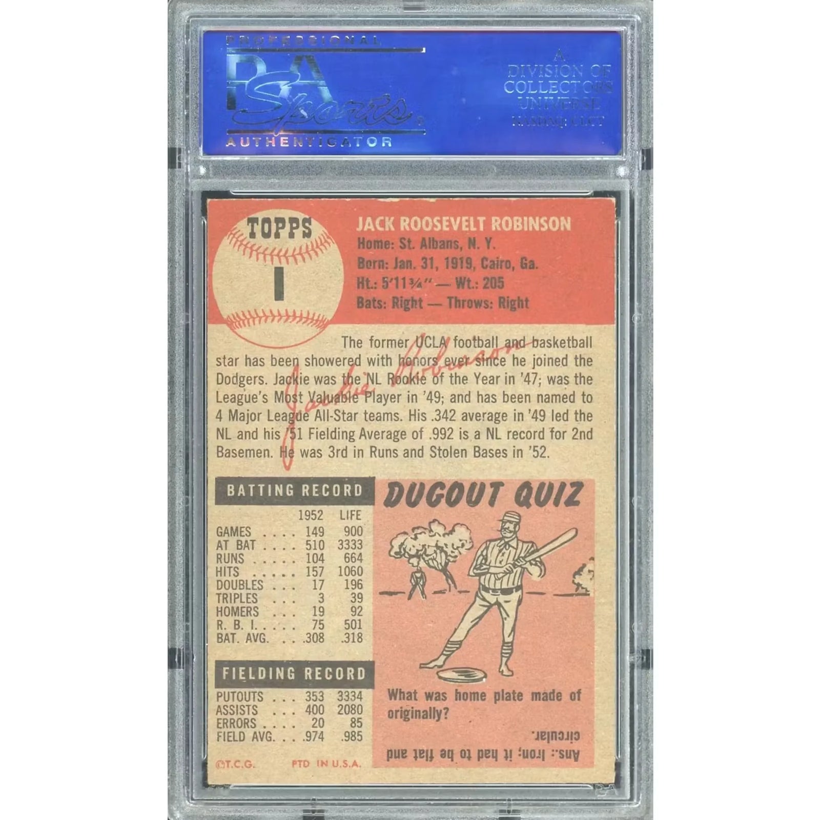 1953 Topps #1 Jackie Robinson Baseball Card | PSA 5