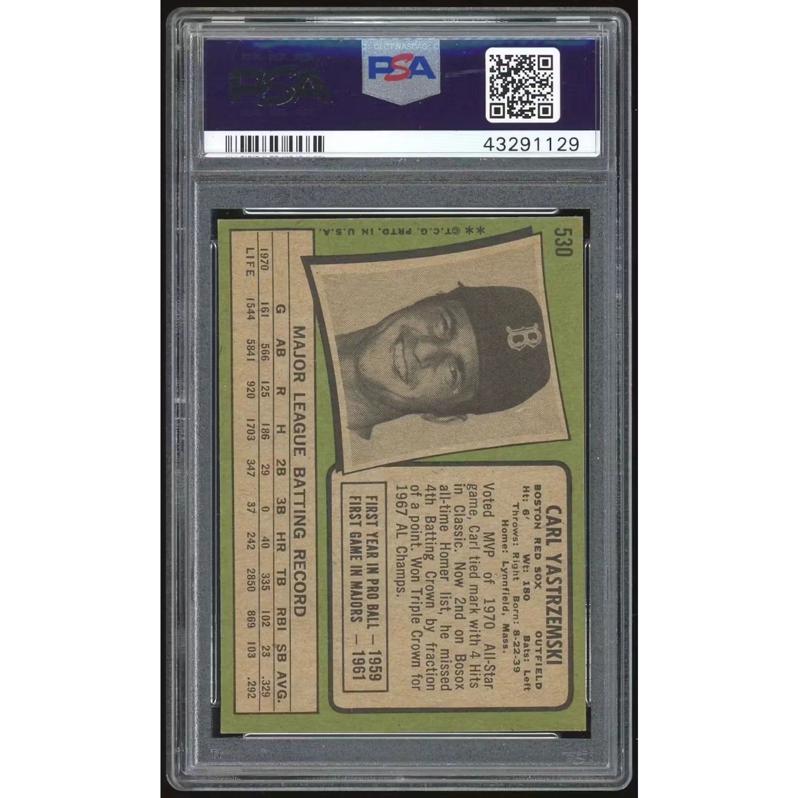 Carl Yastrzemski 1971 Topps #530 Baseball Card | PSA 9