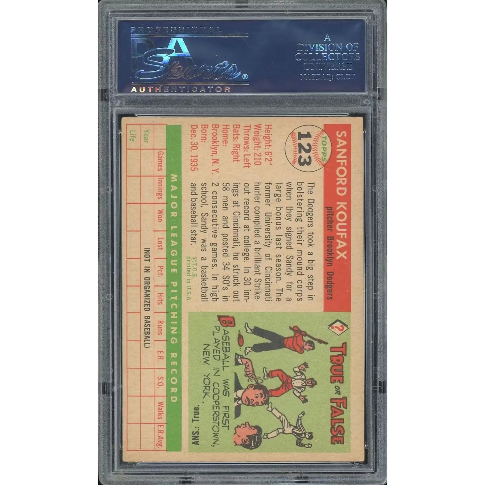 Sandy Koufax 1955 Topps #123 Rookie Card | PSA 5