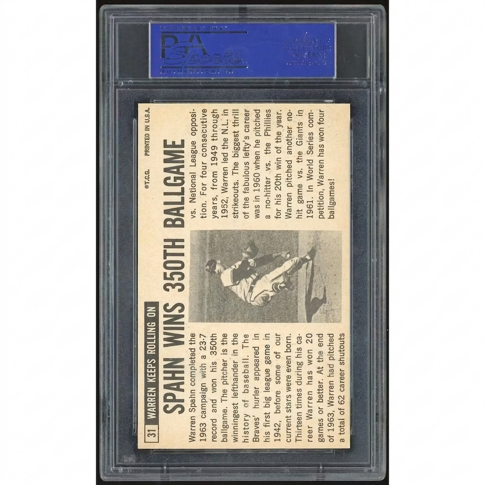 Warren Spahn 1964 Topps Giants #31 Card | PSA 10