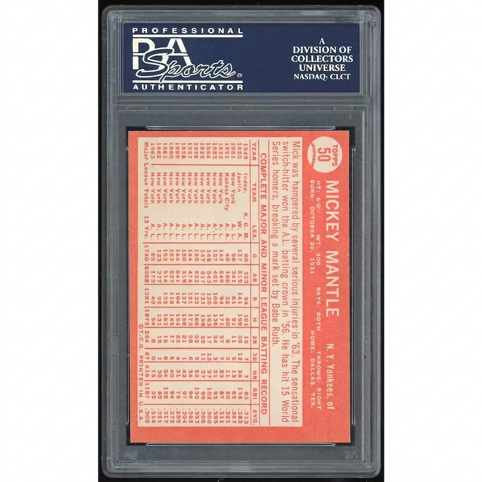 Mickey Mantle 1964 Topps #50 Card | PSA 7 1969