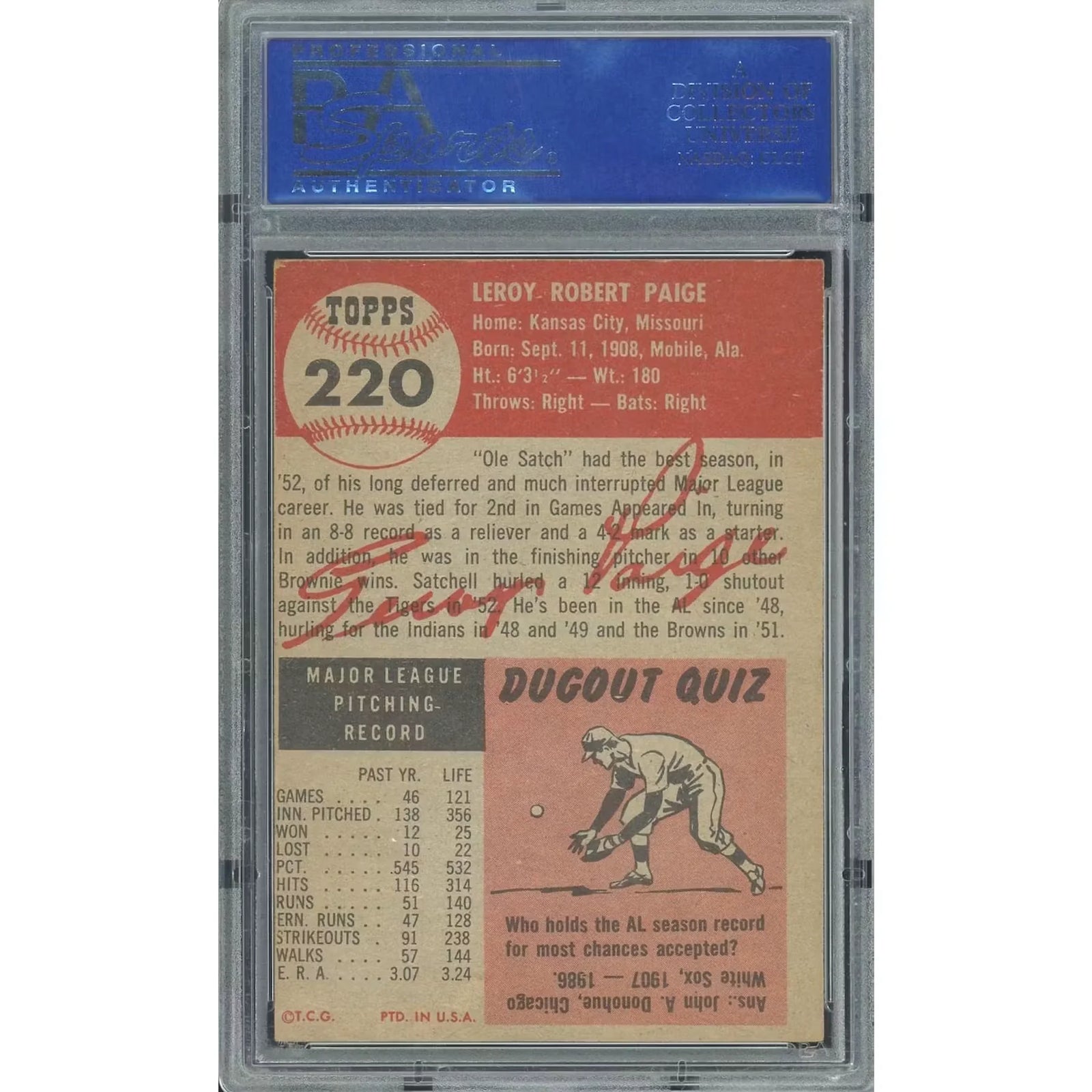 Satchel Paige 1953 Topps #220 Baseball Card | PSA 5