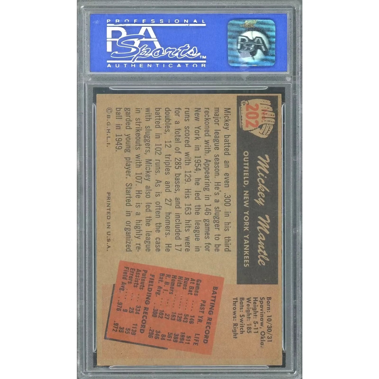 Mickey Mantle 1955 Bowman #202 Baseball Card | PSA 7