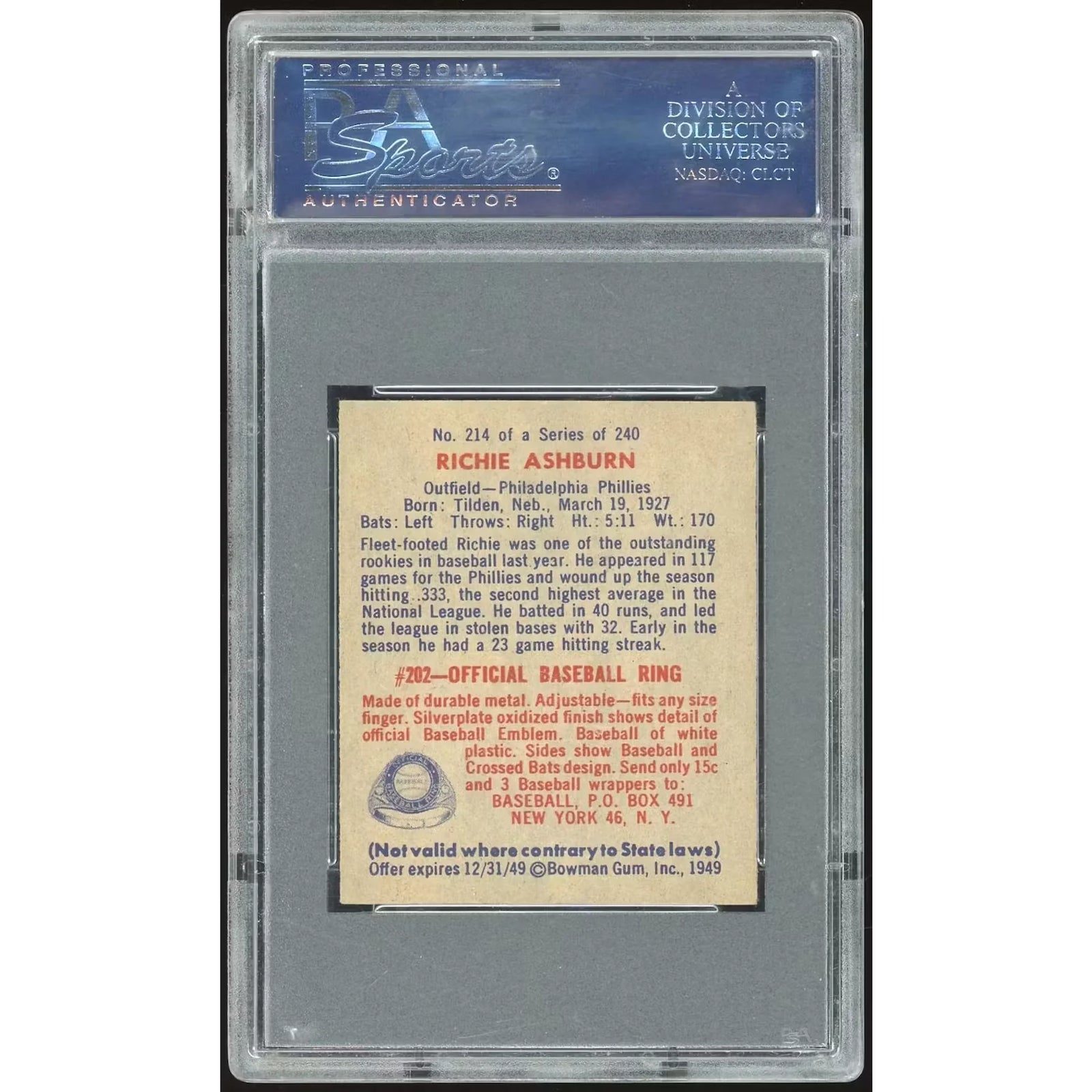 Richie Ashburn 1949 Bowman #214 Rookie Card | PSA 6