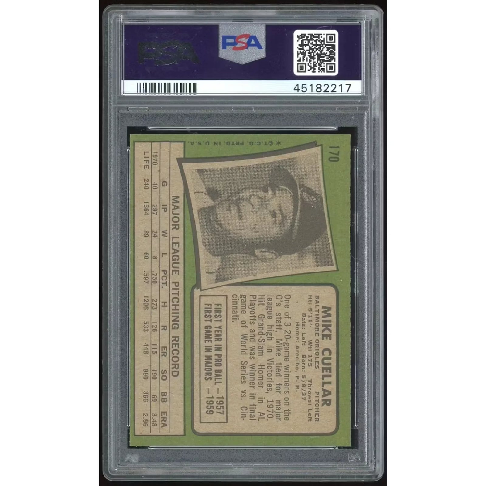 Mike Cuellar 1971 Topps #170 Baseball Card | PSA 9