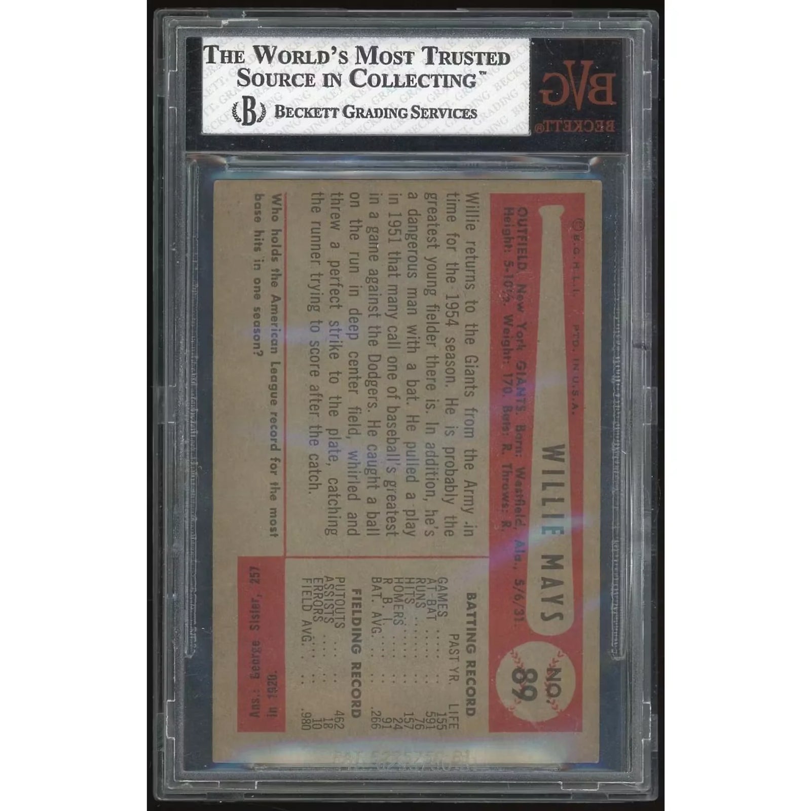 Willie Mays 1954 Bowman #89 Card | BVG 7