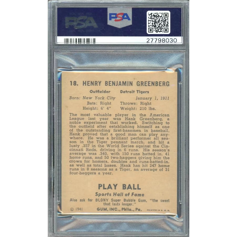 Hank Greenberg 1941 Play Ball Card #18 | PSA 5.5