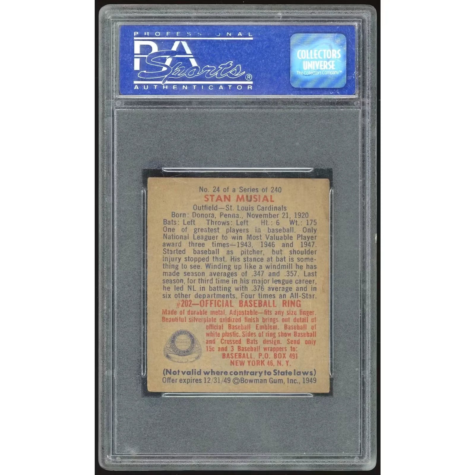 Stan Musial 1949 Bowman #24 Baseball Card | PSA 5 2012