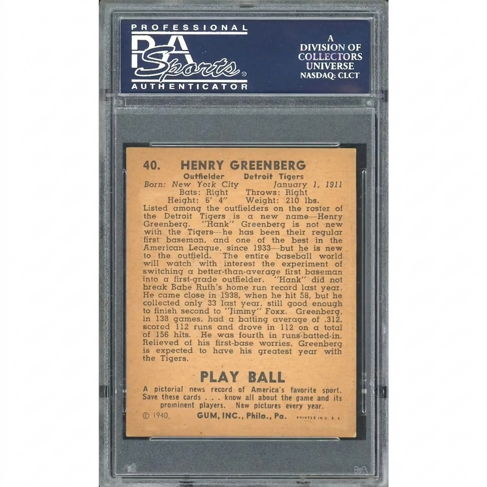 Hank Greenberg 1940 Play Ball #40 Card | PSA 6