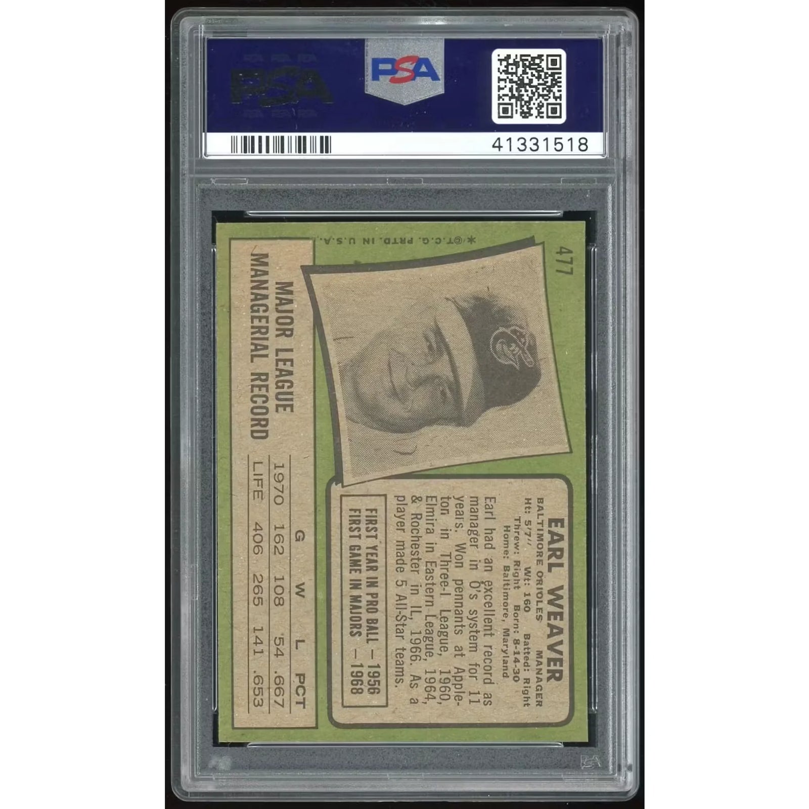 Earl Weaver 1971 Topps #477 Baseball Card | PSA 9