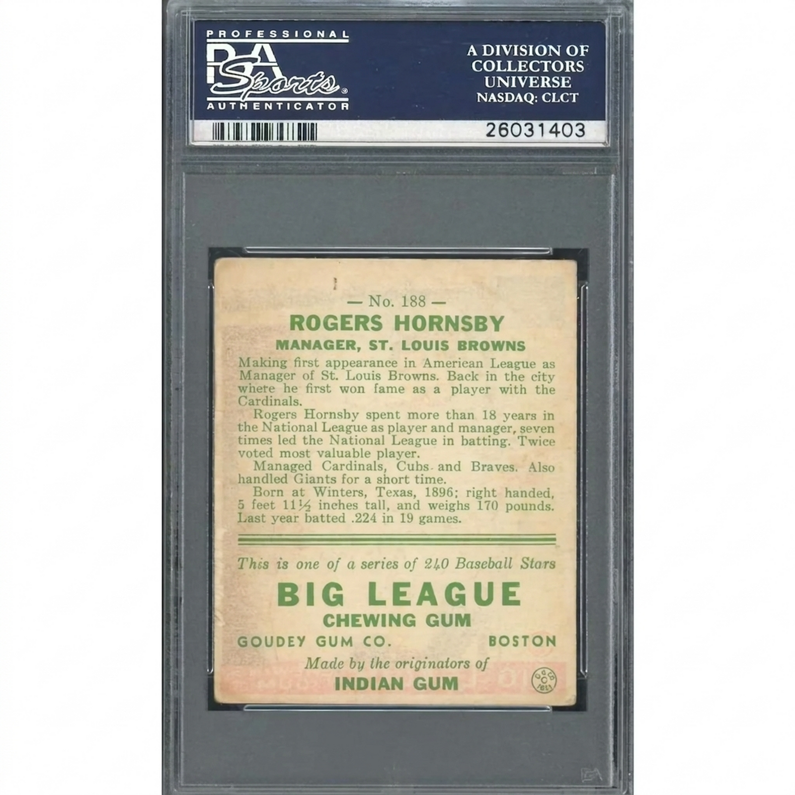 Rogers Hornsby 1933 Goudey Card #188 | PSA 3.5
