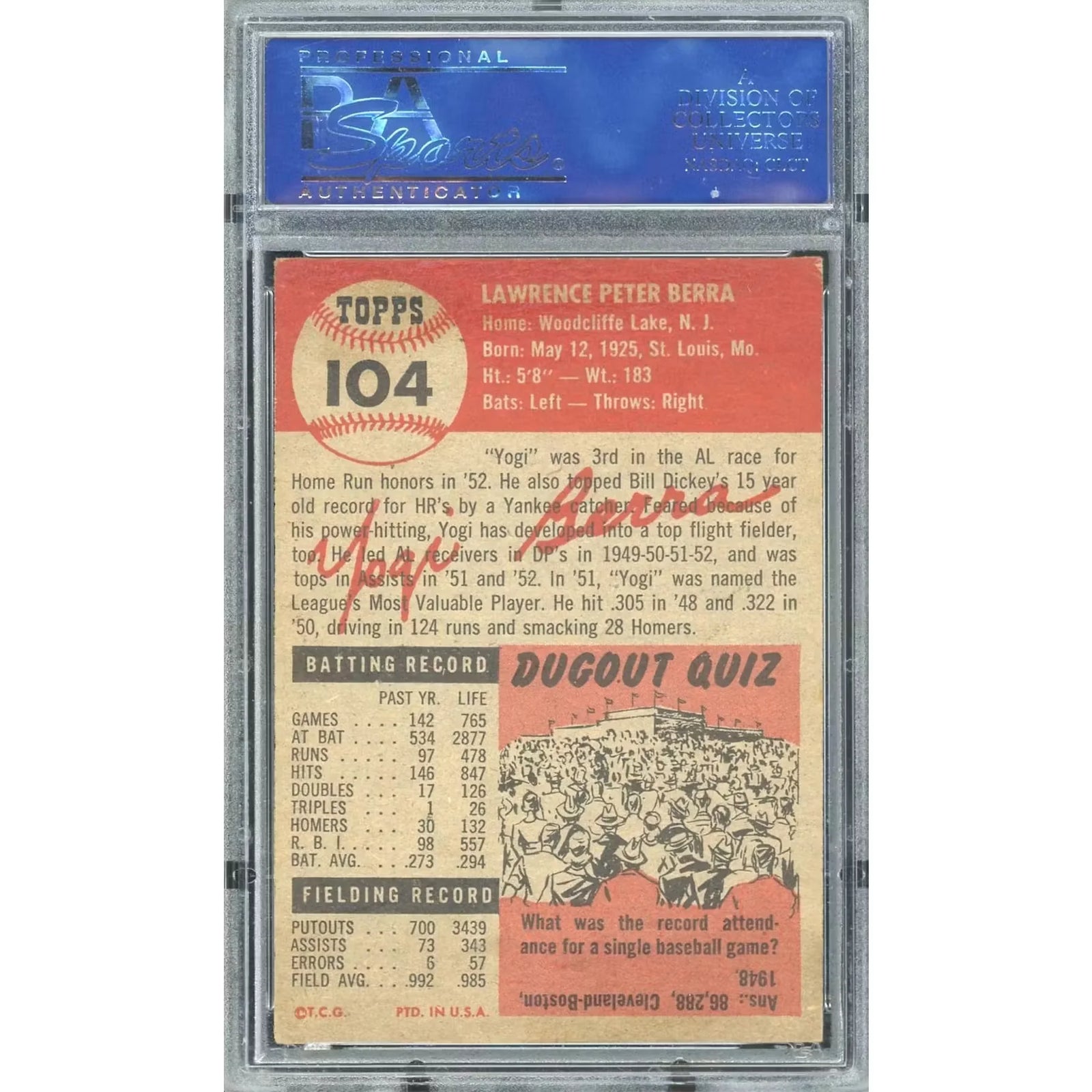 Yogi Berra 1953 Topps #104 Baseball Card | PSA 5