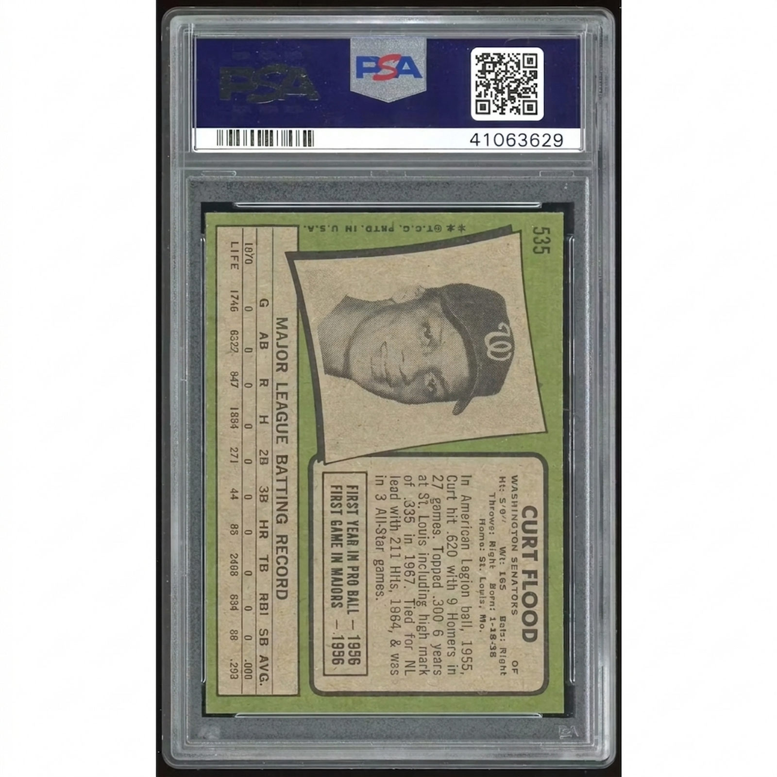 Curt Flood 1971 Topps #535 Baseball Card | PSA 9