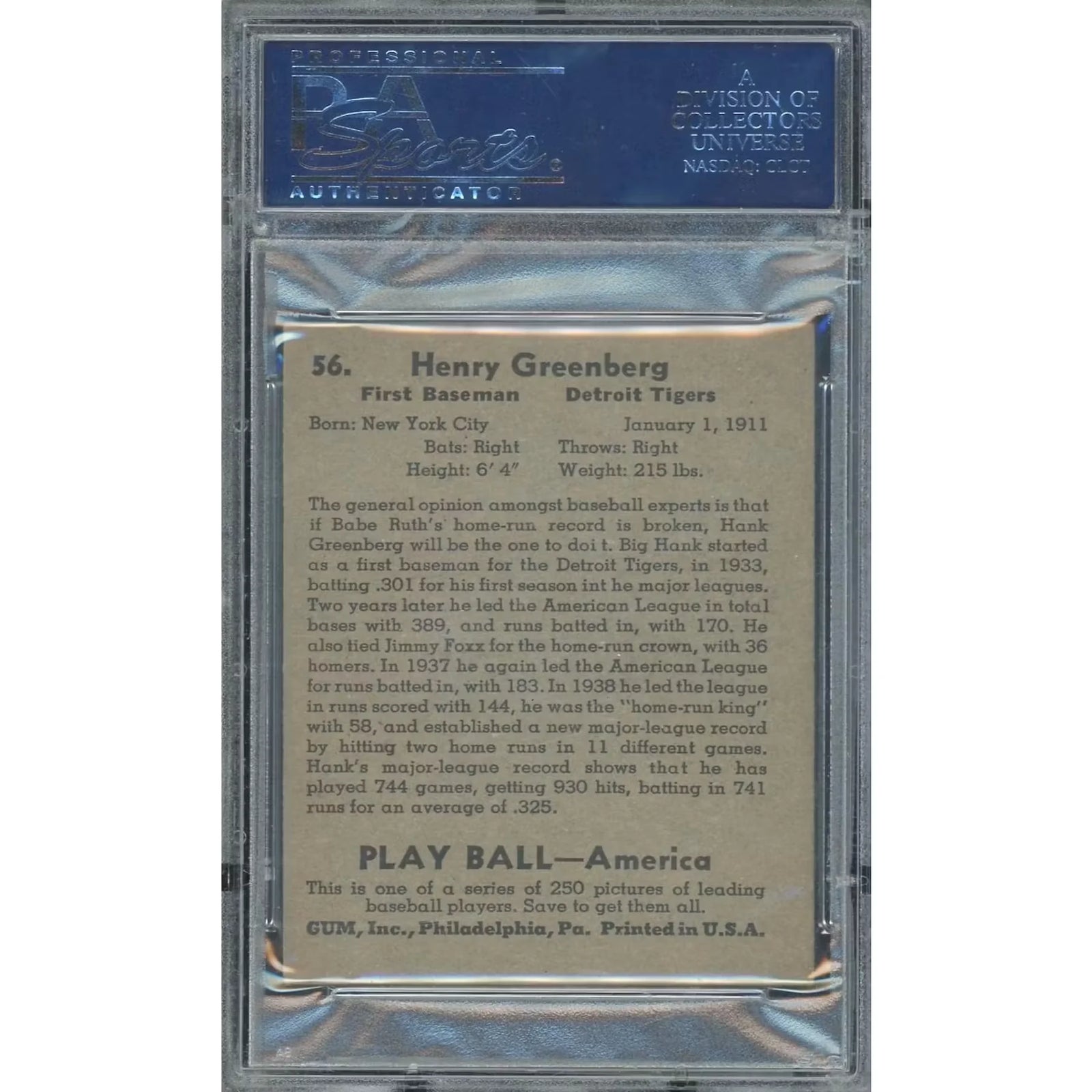 Hank Greenberg Signed 1939 Play Ball Card #56 | PSA 5