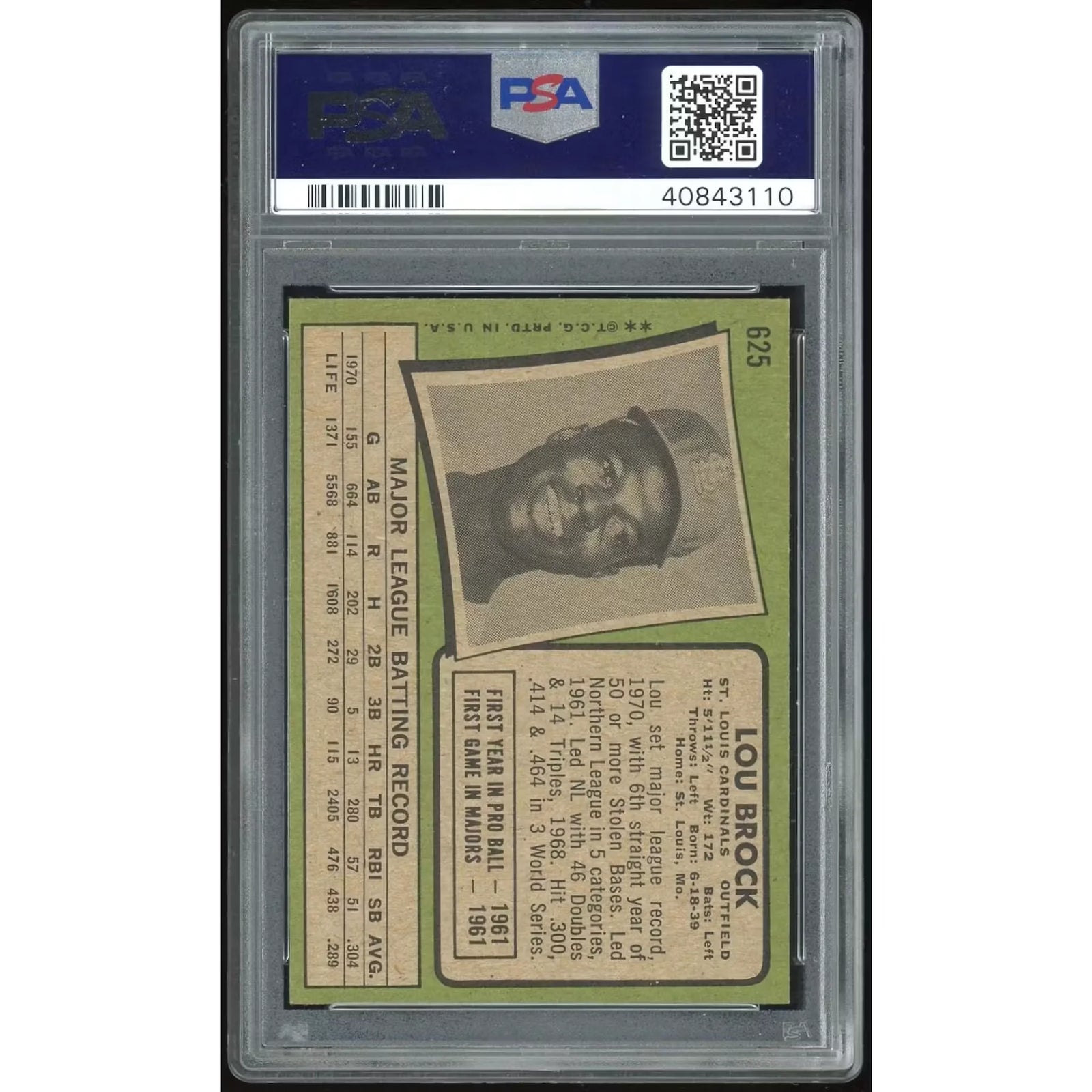 Lou Brock 1971 Topps #625 Baseball Card | PSA 8
