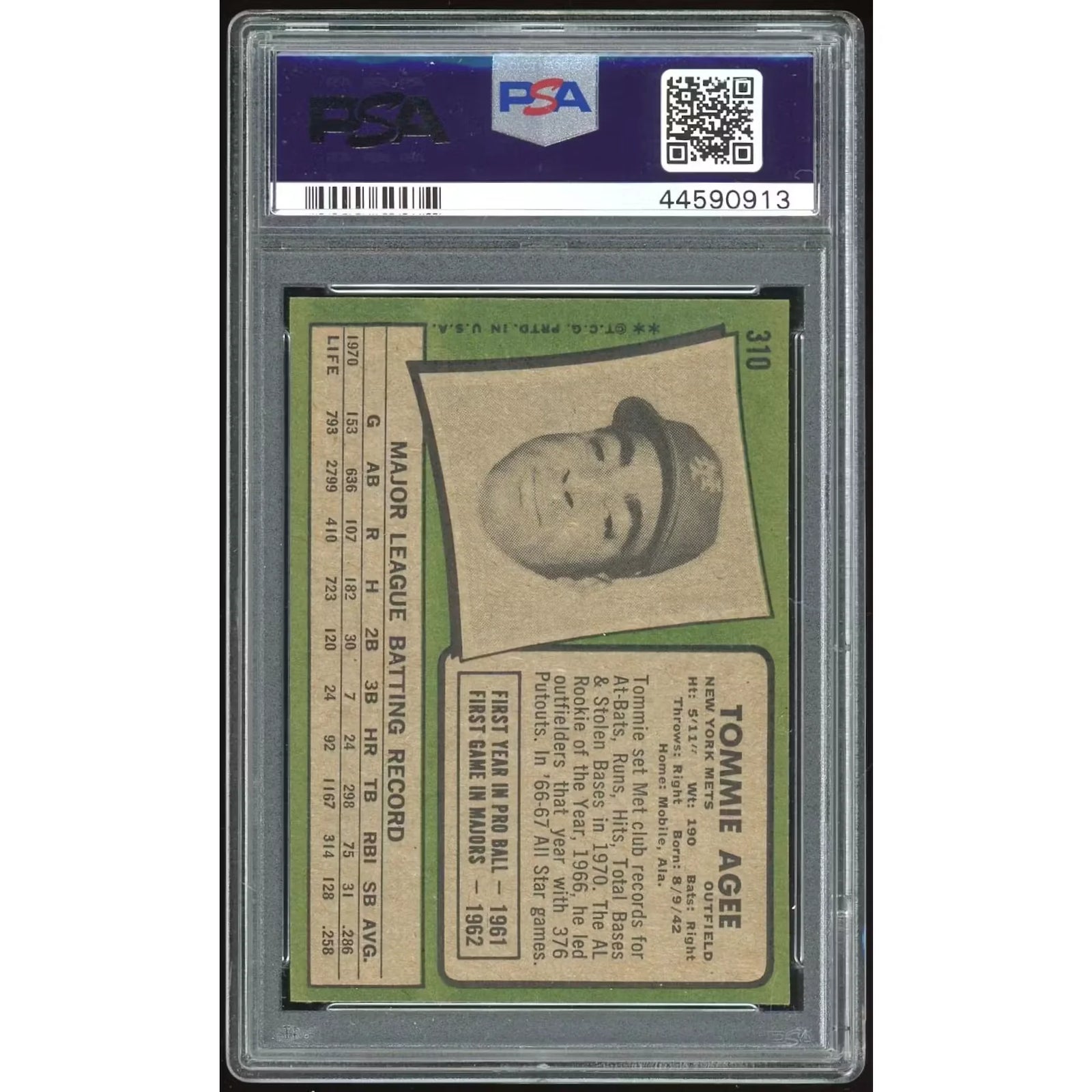 1971 Topps #310 Tommie Agee Baseball Card | PSA 9
