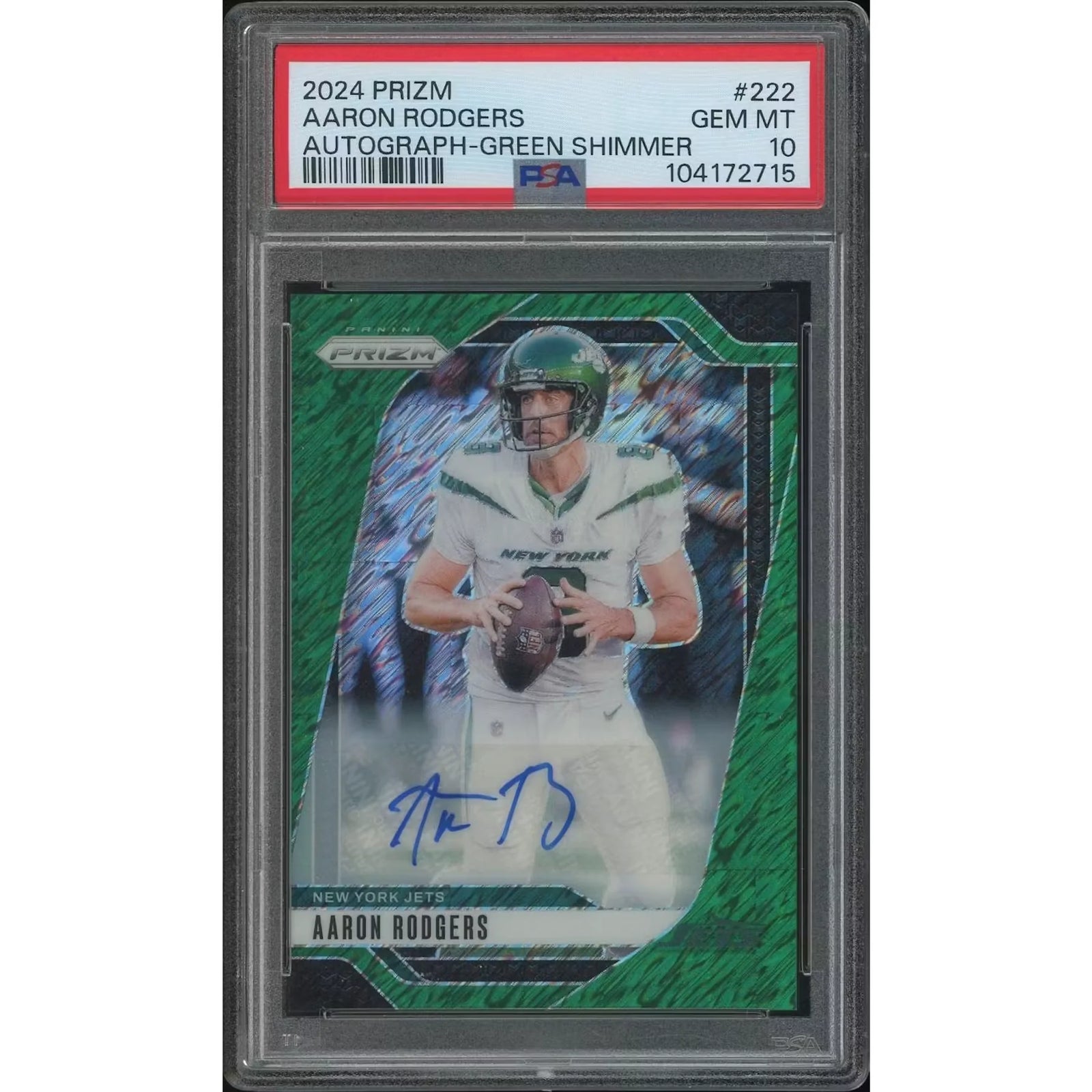 Aaron Rodgers Signed 2024 Panini Prizm Football Card | Green Shimmer Auto #3/5 PSA 10