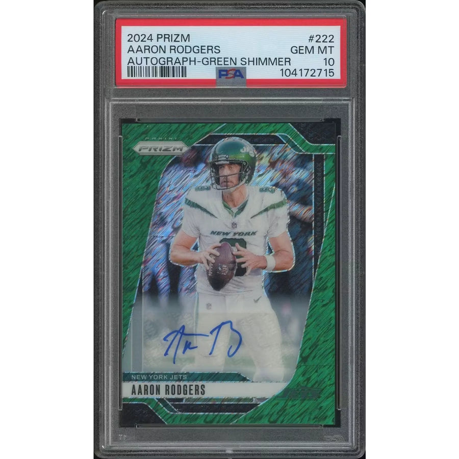 Aaron Rodgers Signed 2024 Panini Prizm Football Card | Green Shimmer Auto #3/5 PSA 10