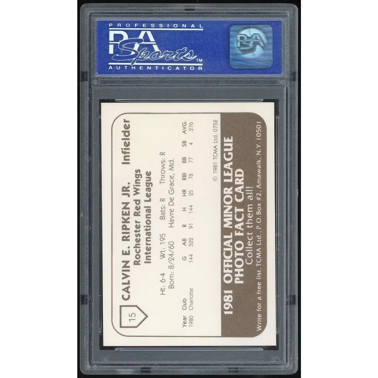 Cal Ripken Jr 1981 TCMA Rochester #15 Card | PSA 9