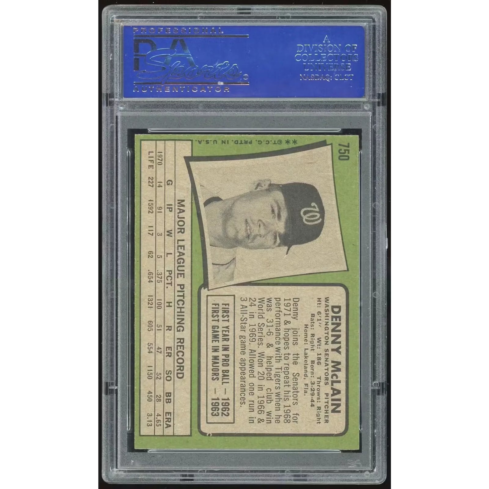 Denny McLain 1971 Topps #750 Baseball Card | PSA 8