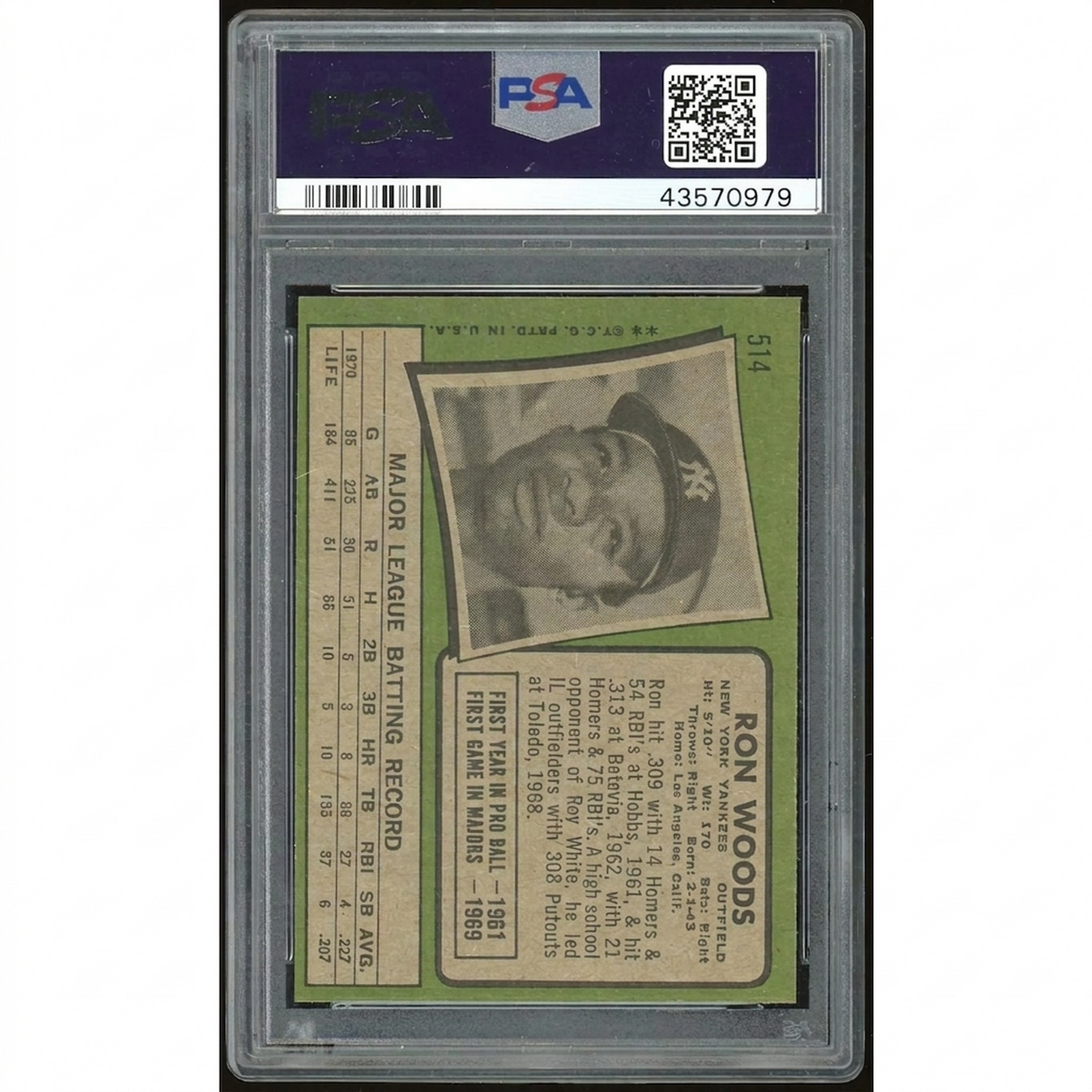 Ron Woods 1971 Topps #514 Baseball Card | PSA 9