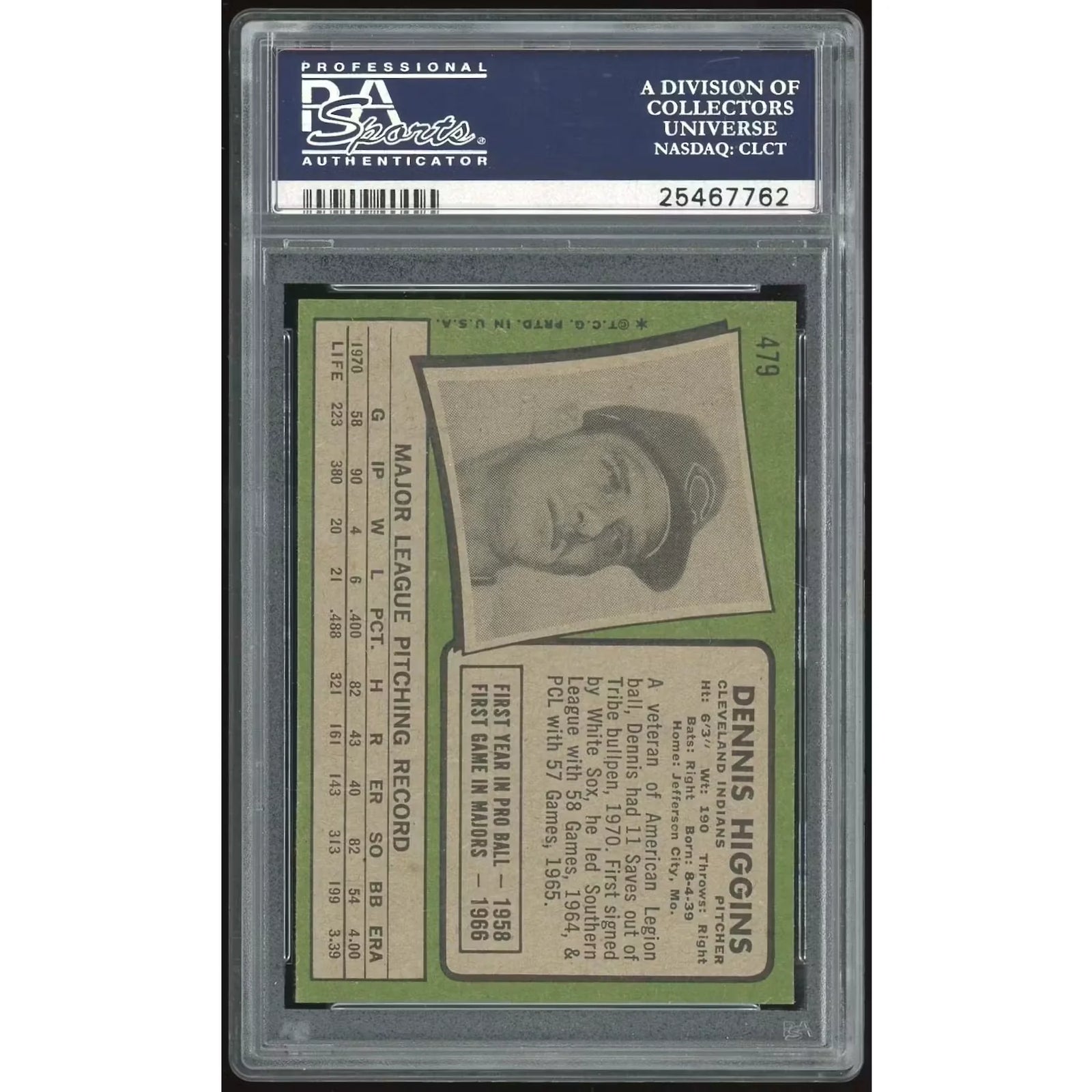 1971 Topps #479 Dennis Higgins Baseball Card | PSA 9