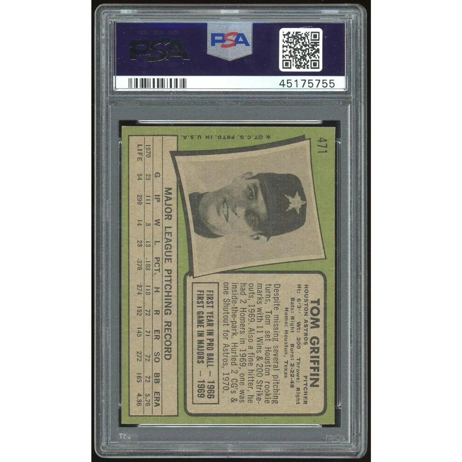 Tom Griffin 1971 Topps #471 Baseball Card | PSA 9