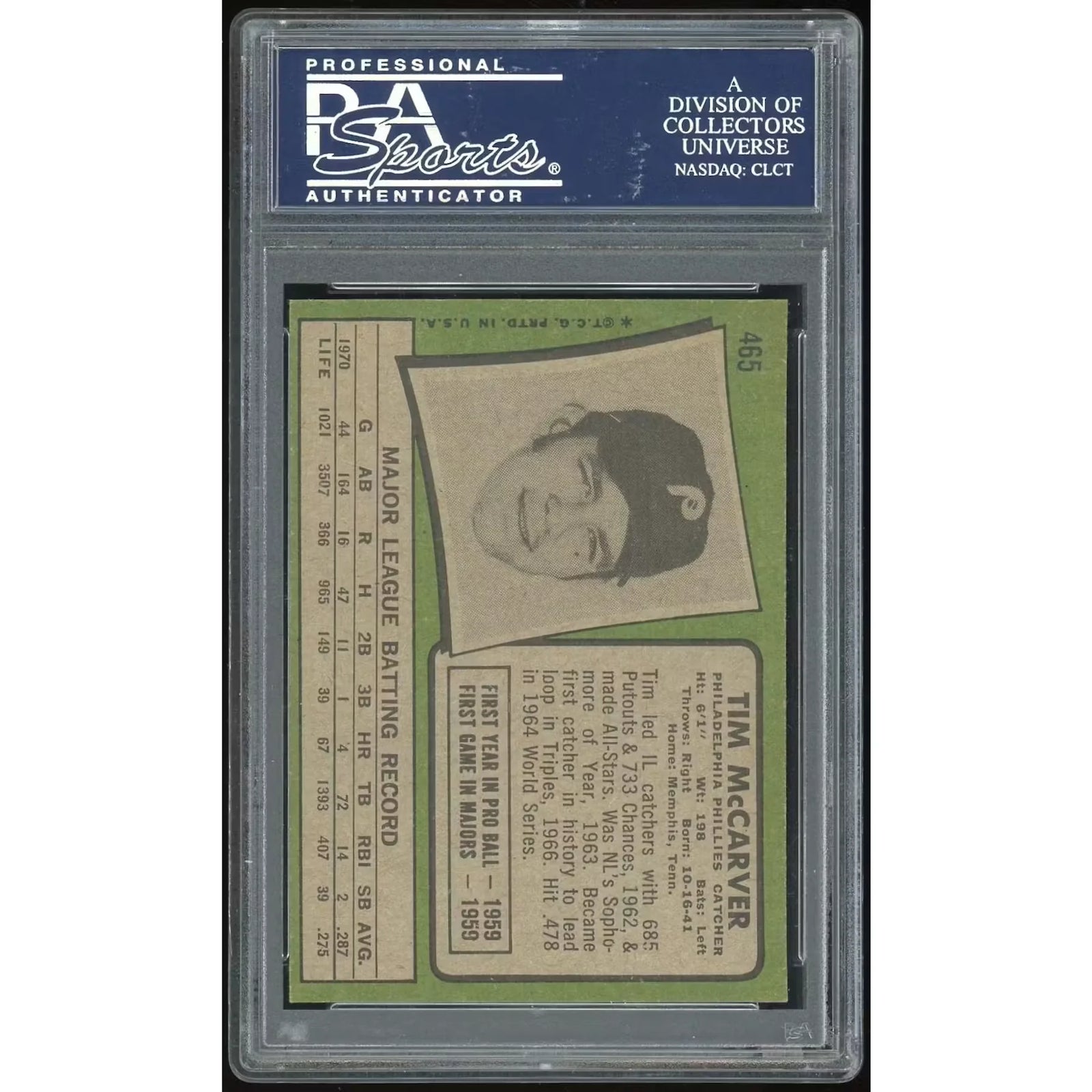 Tim McCarver 1971 Topps #465 Baseball Card | PSA 9