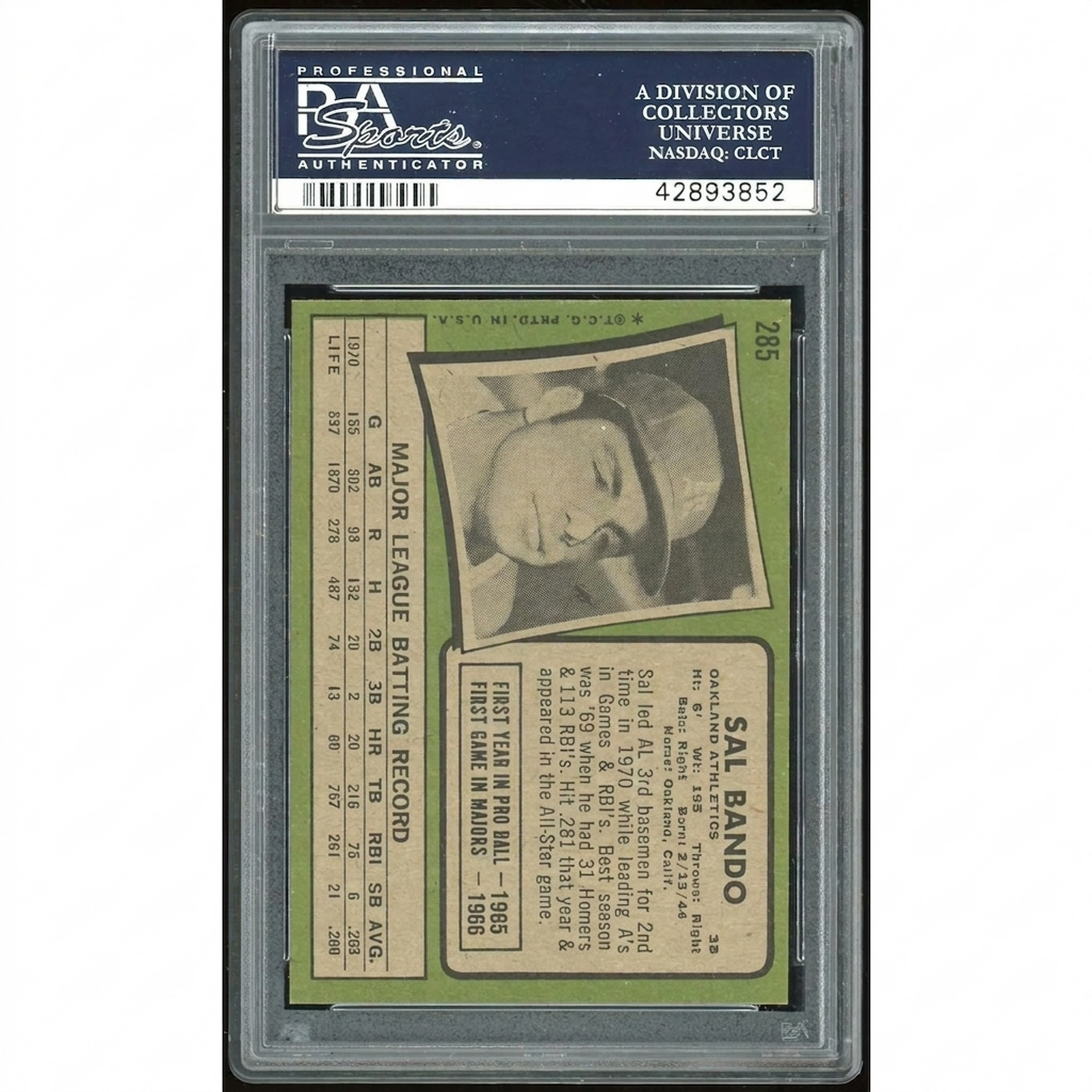 Sal Bando 1971 Topps #285 Baseball Card | PSA 9