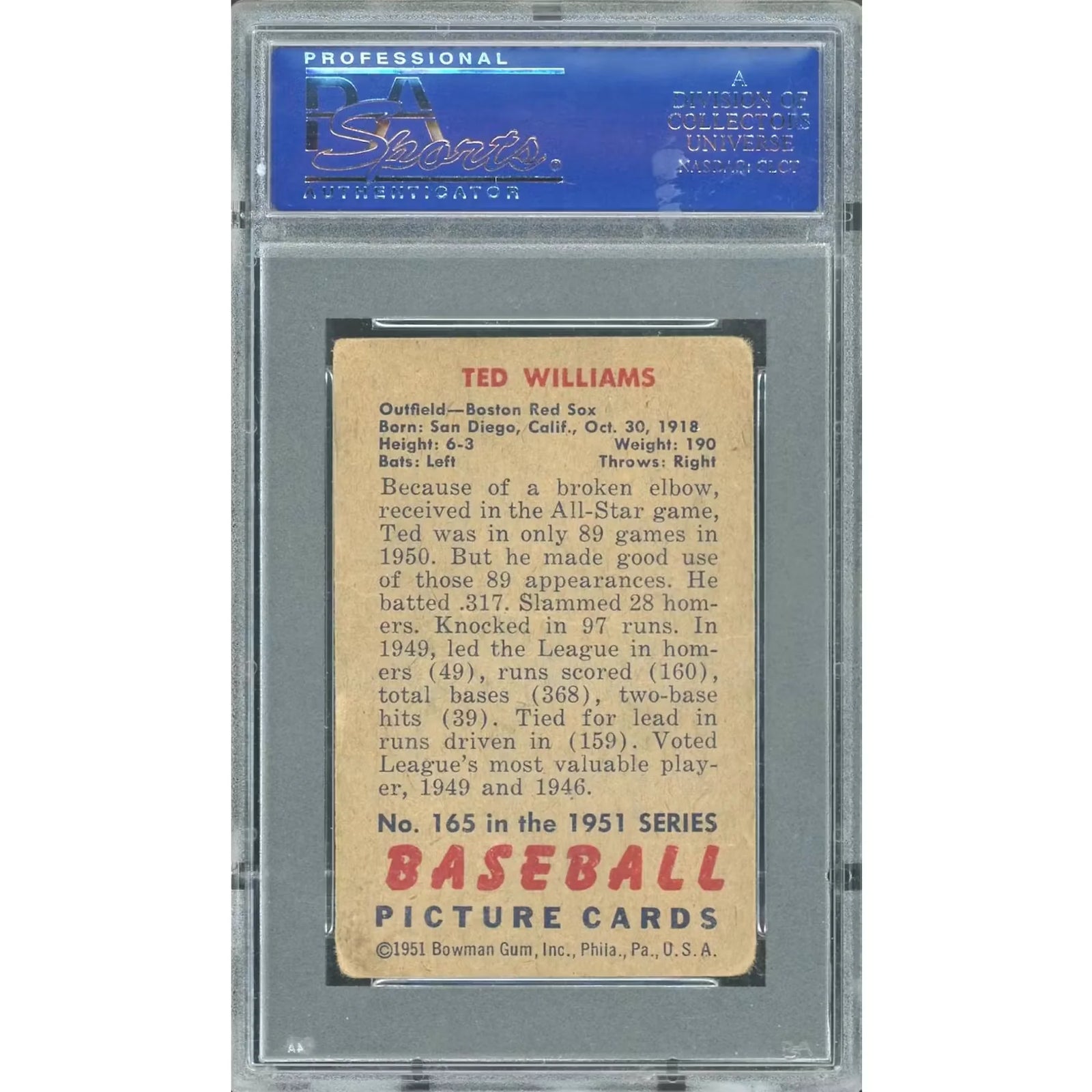 Ted Williams 1951 Bowman #165 Card | PSA 2