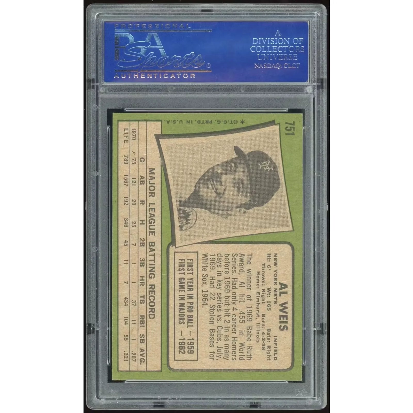 Al Weis 1971 Topps #751 Baseball Card | PSA 8